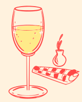 A drawing of a glass of wine and a plate of food
