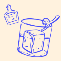 A drawing of a glass with a drink and a bottle