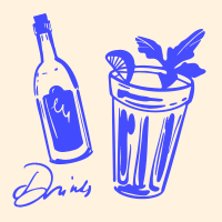 A drawing of a drink and a bottle