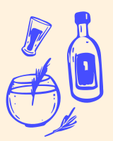 A bottle of alcohol, a glass and a sprig of rosemary