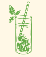 A glass with ice and a straw in it