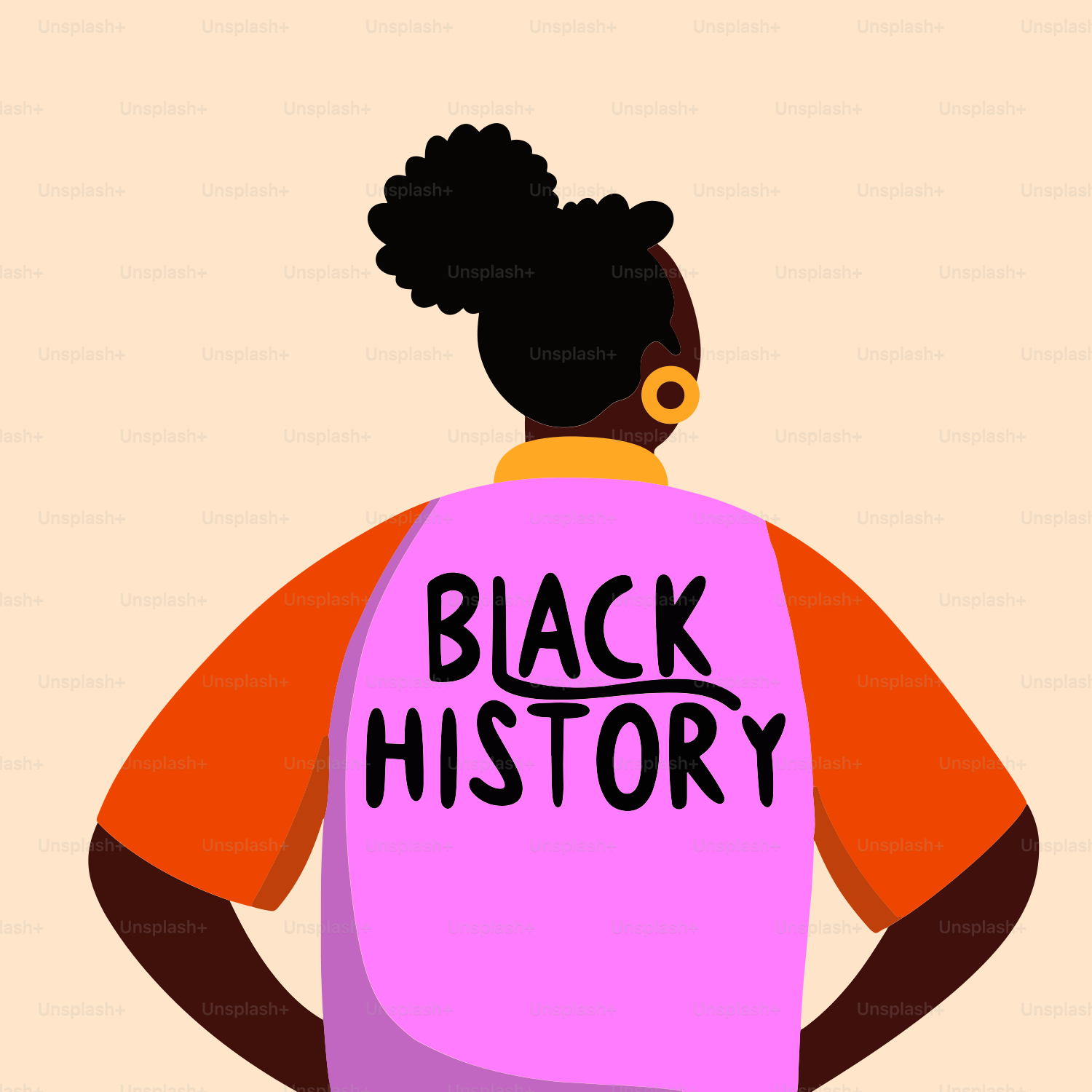 A black woman wearing a pink bib with the words black history written on it