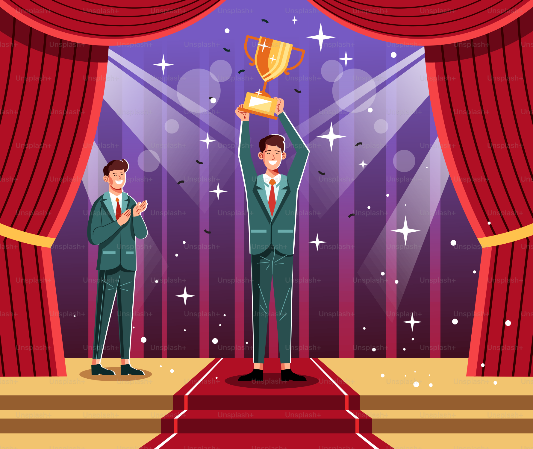 Two men standing on a stage holding up a trophy