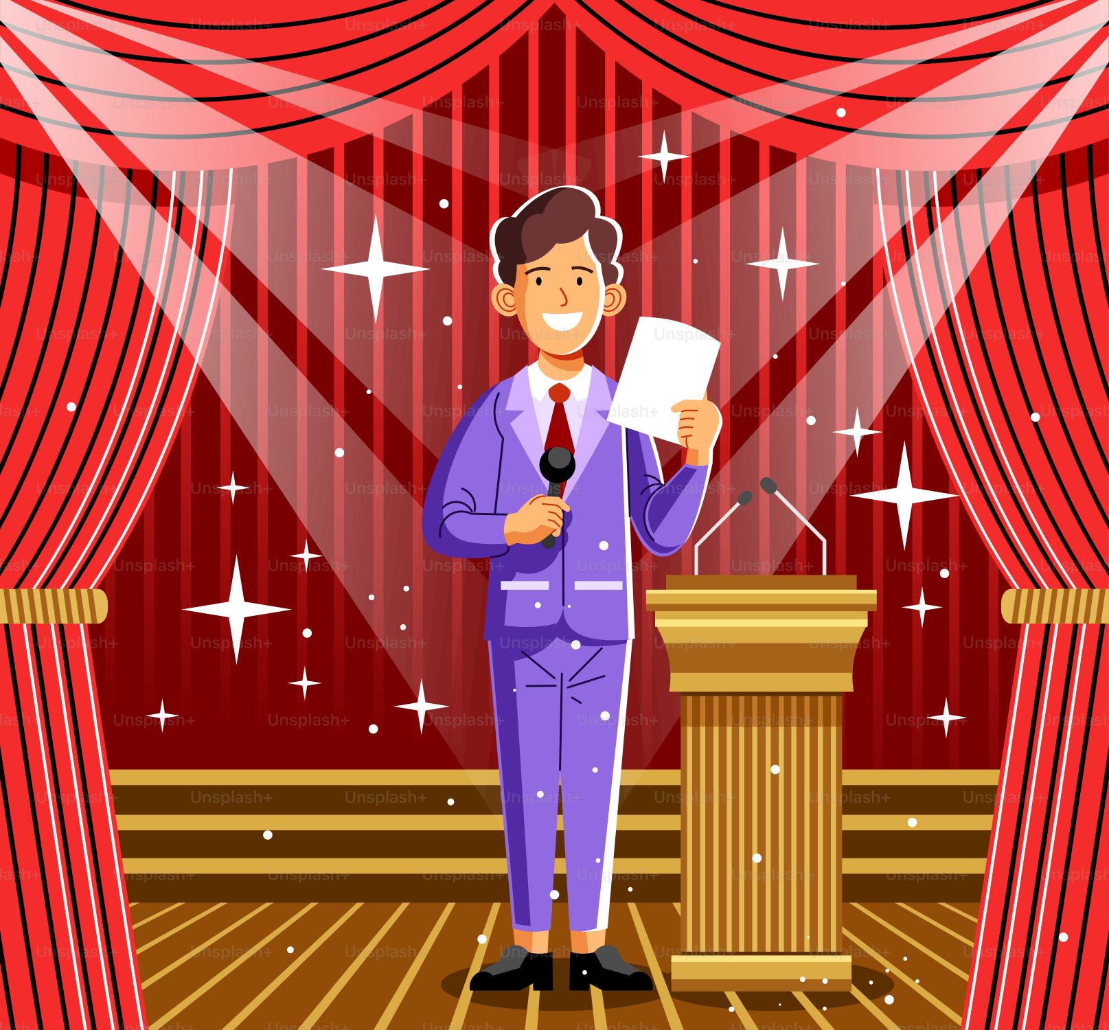 A man standing at a podium in front of a red curtain