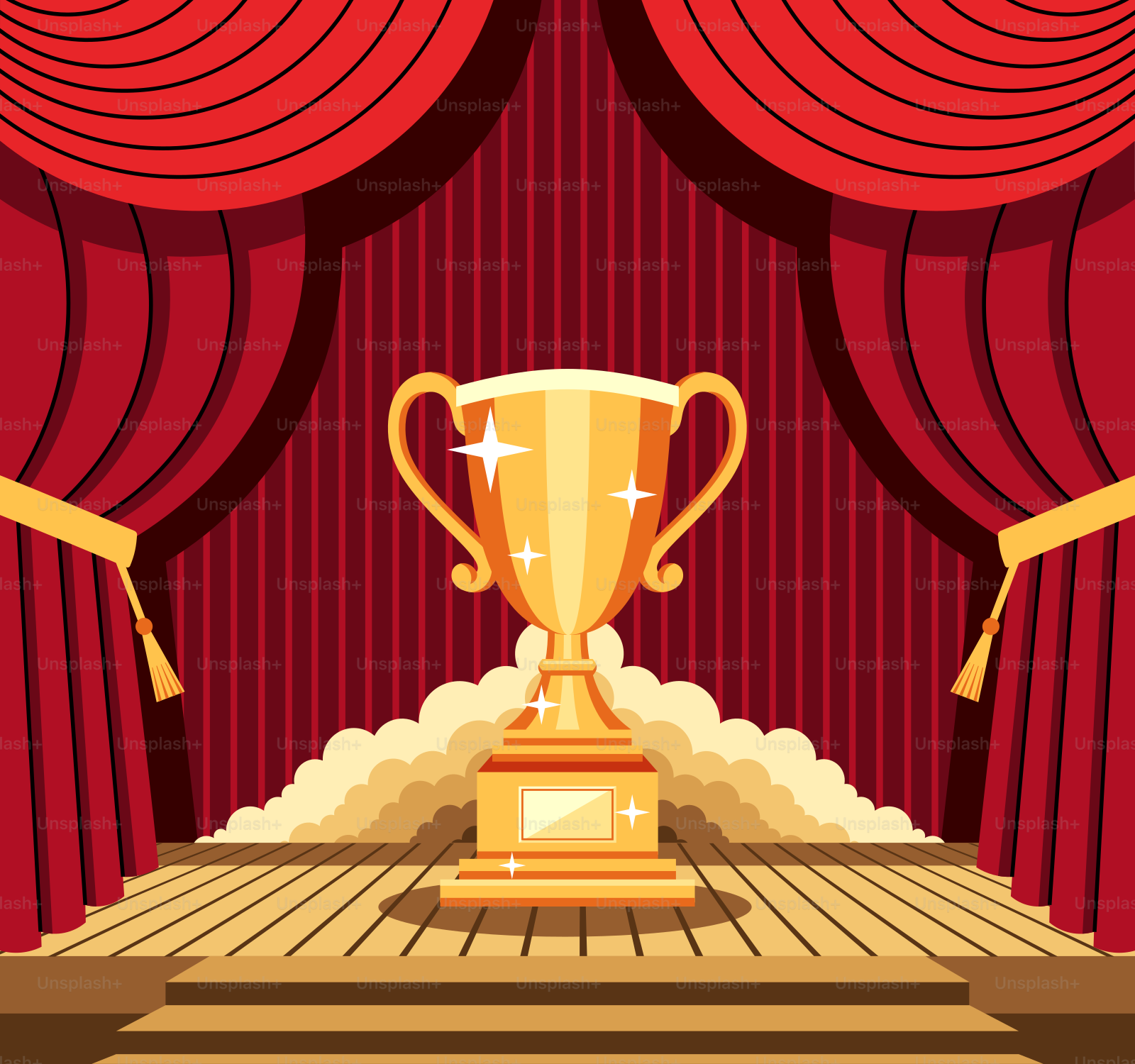 A golden trophy sitting on top of a stage