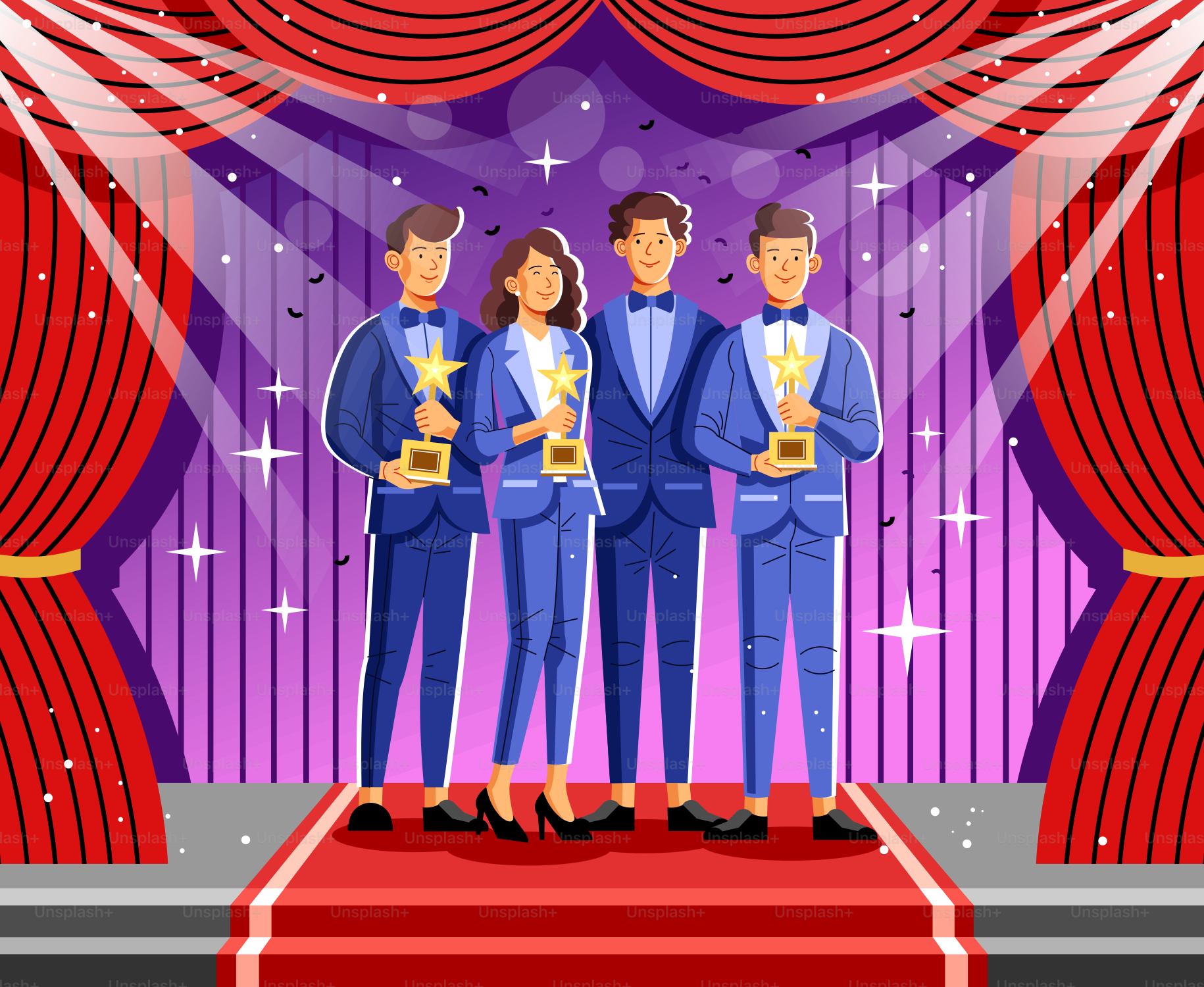 A group of people standing on top of a red carpet