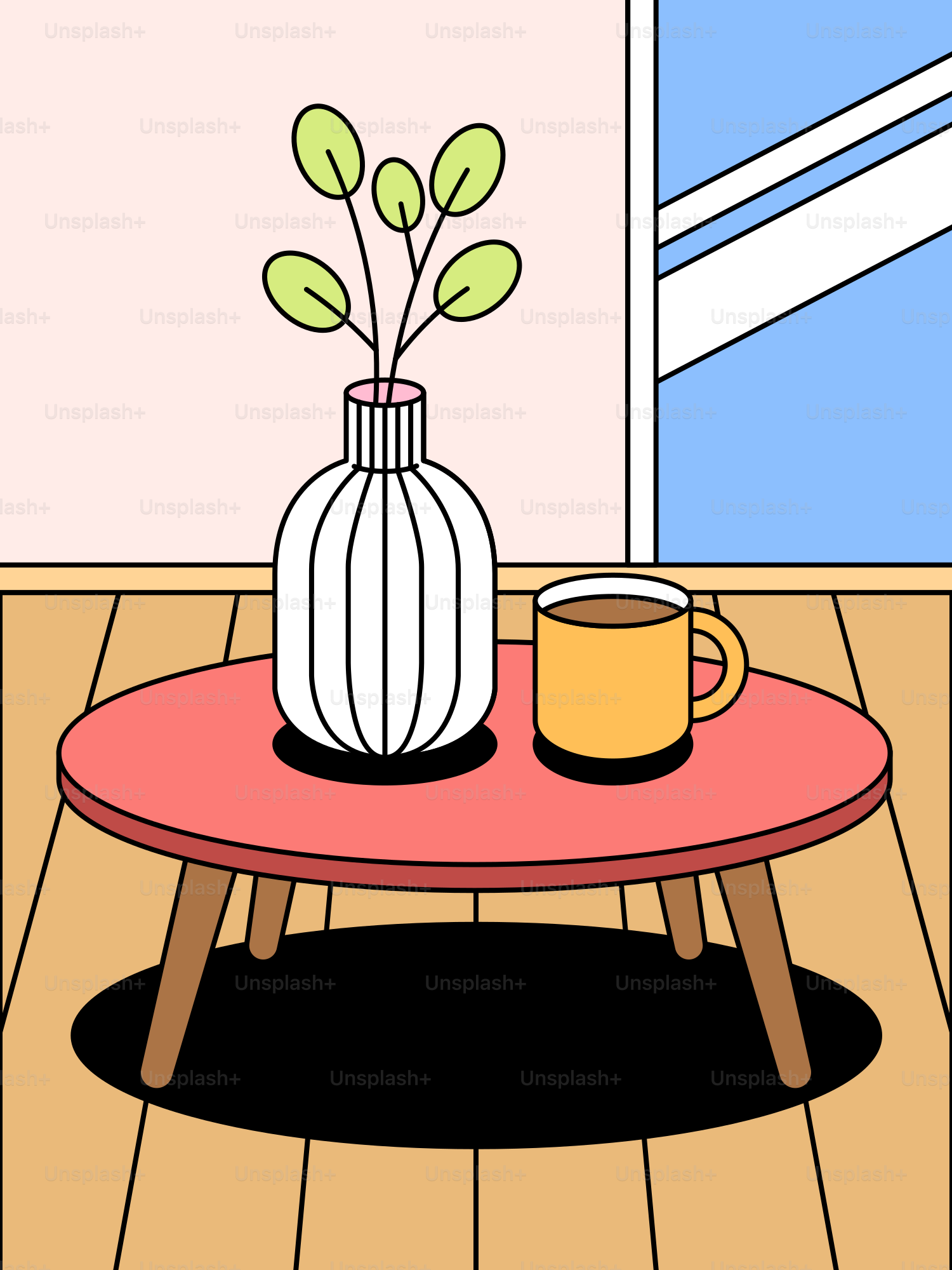 A table with a vase and a cup on it