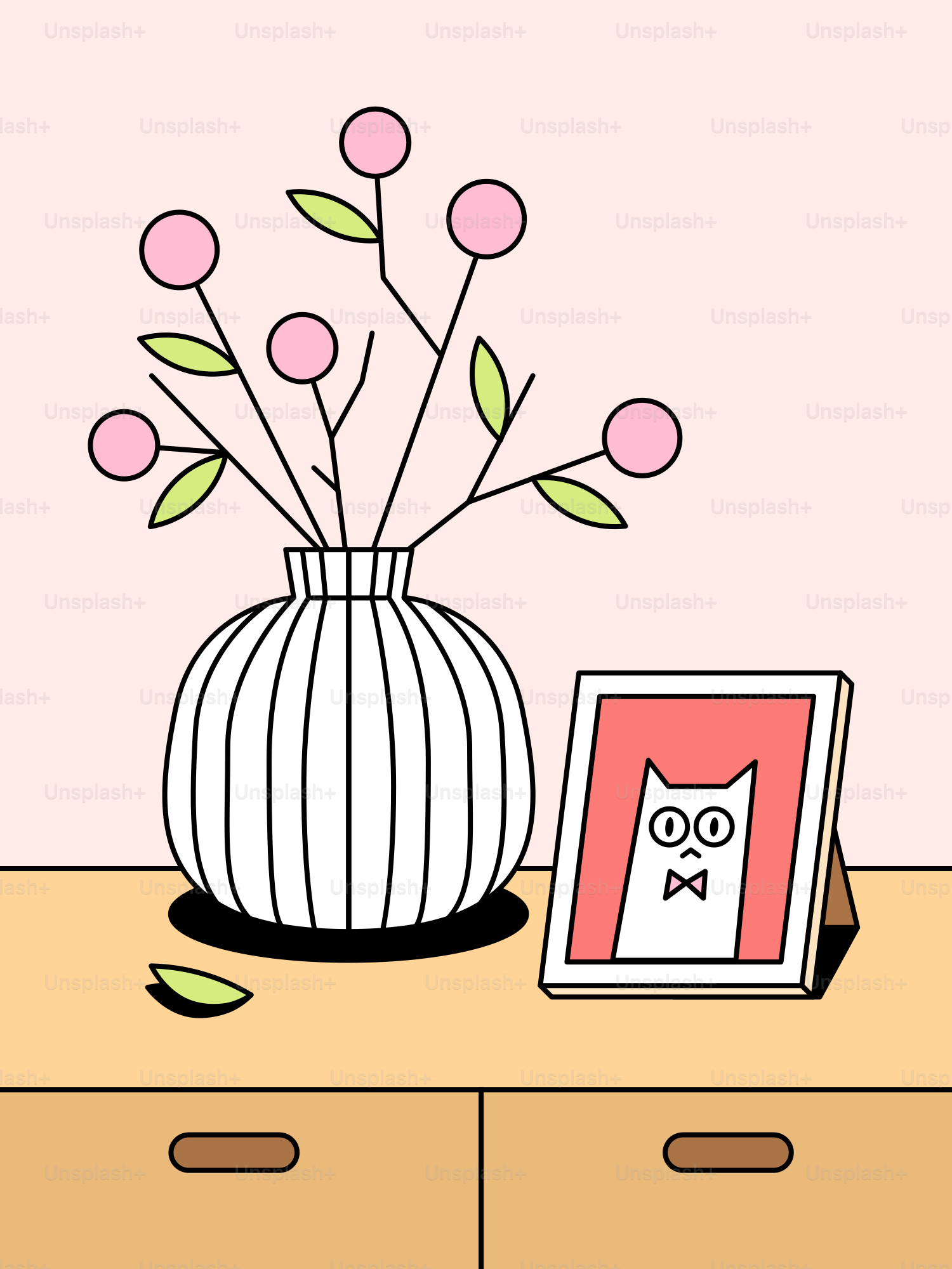Eine Vase mit Blumen und ein Bild auf einer Kommode