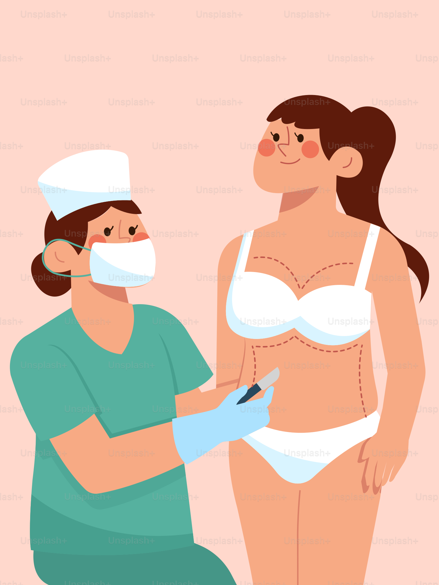 Une femme en soutien-gorge blanc est examinée par une infirmière