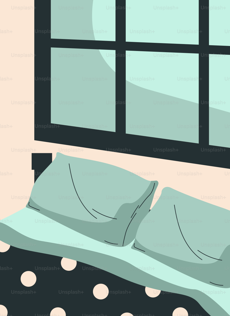 A bed with a polka dot comforter in front of a window