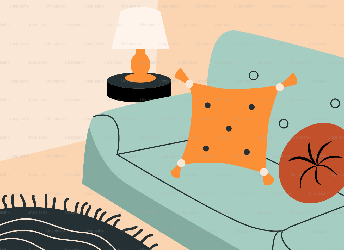 A living room with a couch and a rug