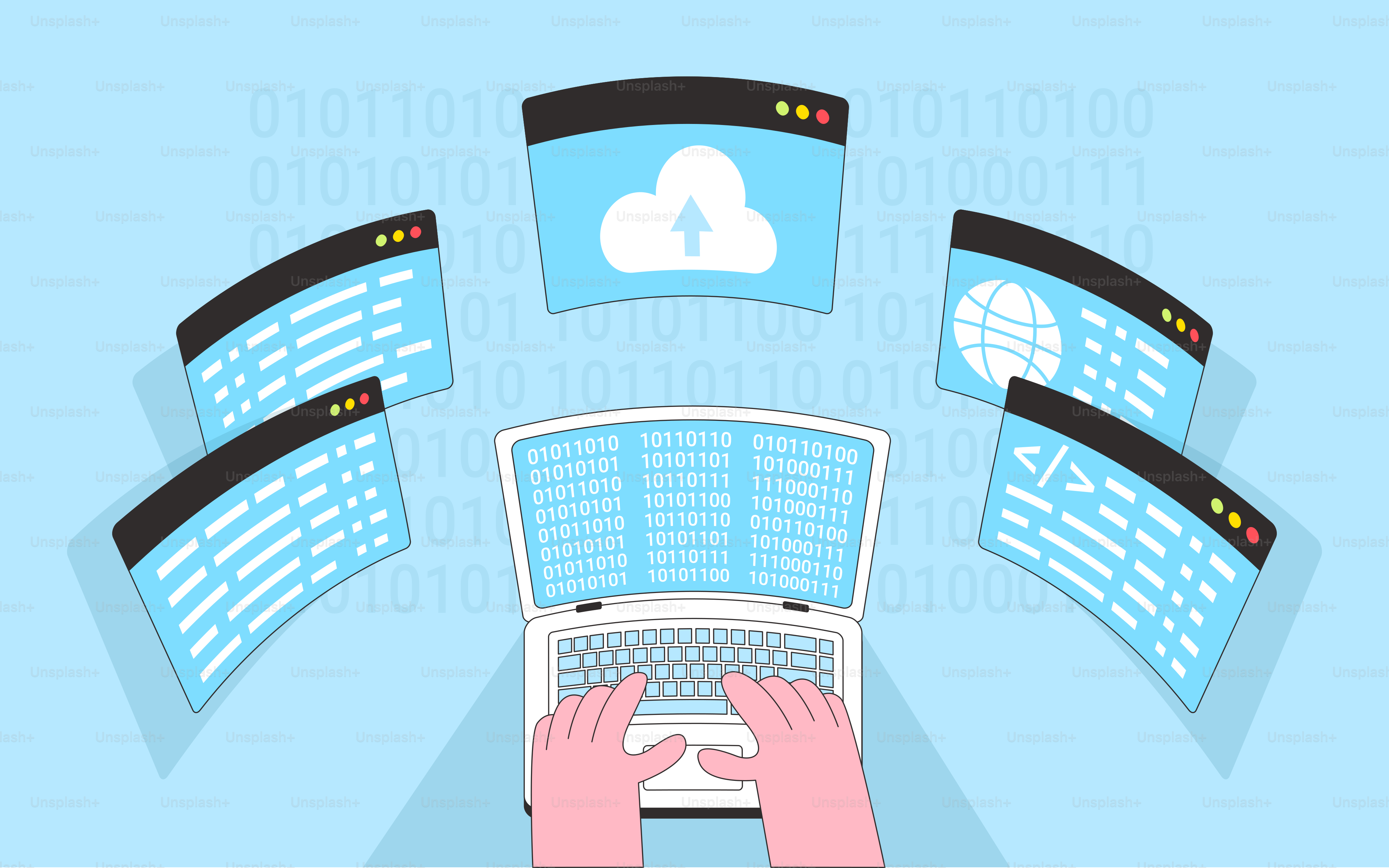 Una persona escribiendo en un portátil rodeada de muchas pantallas