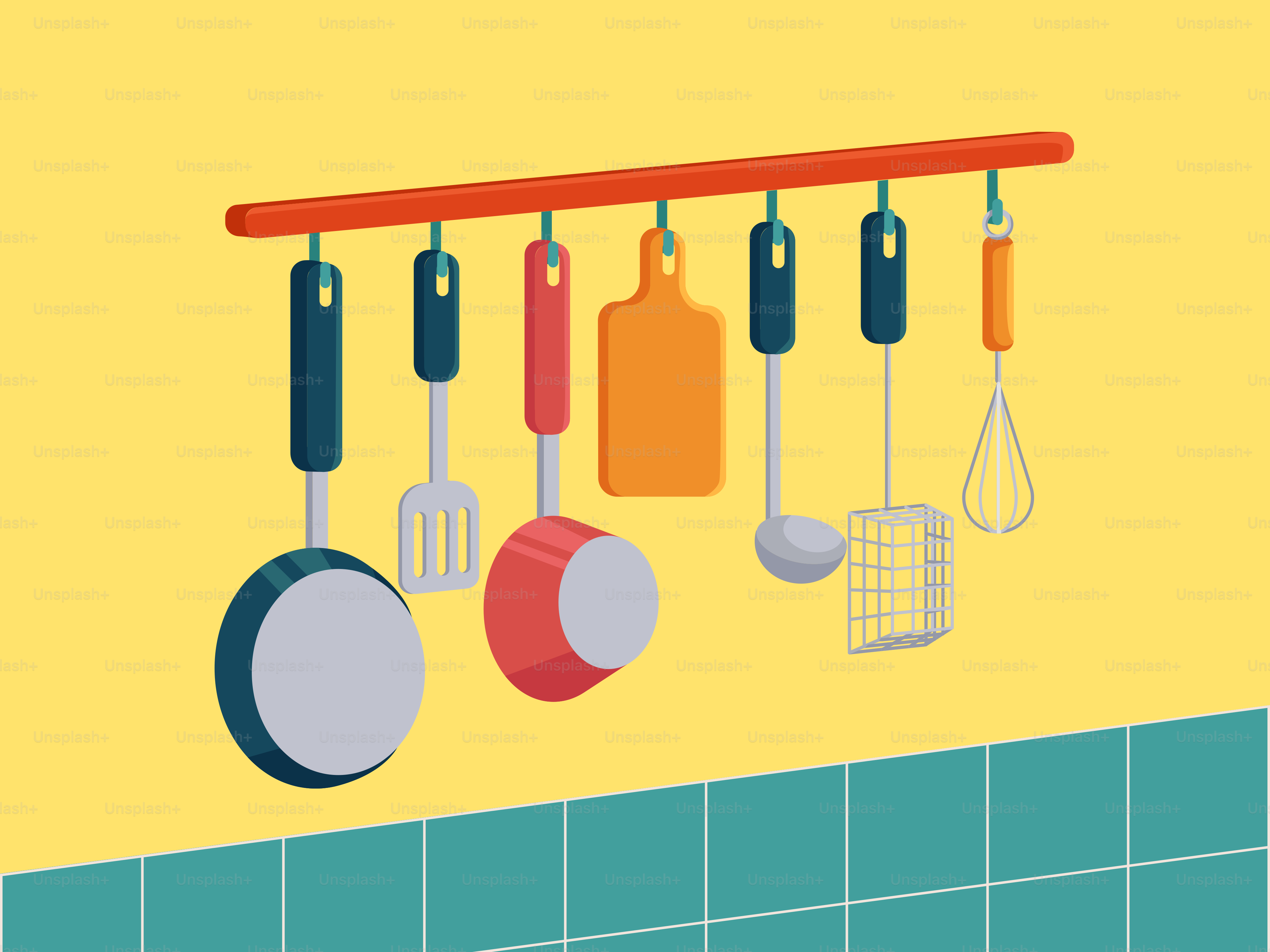 A picture of a kitchen with utensils hanging from the wall