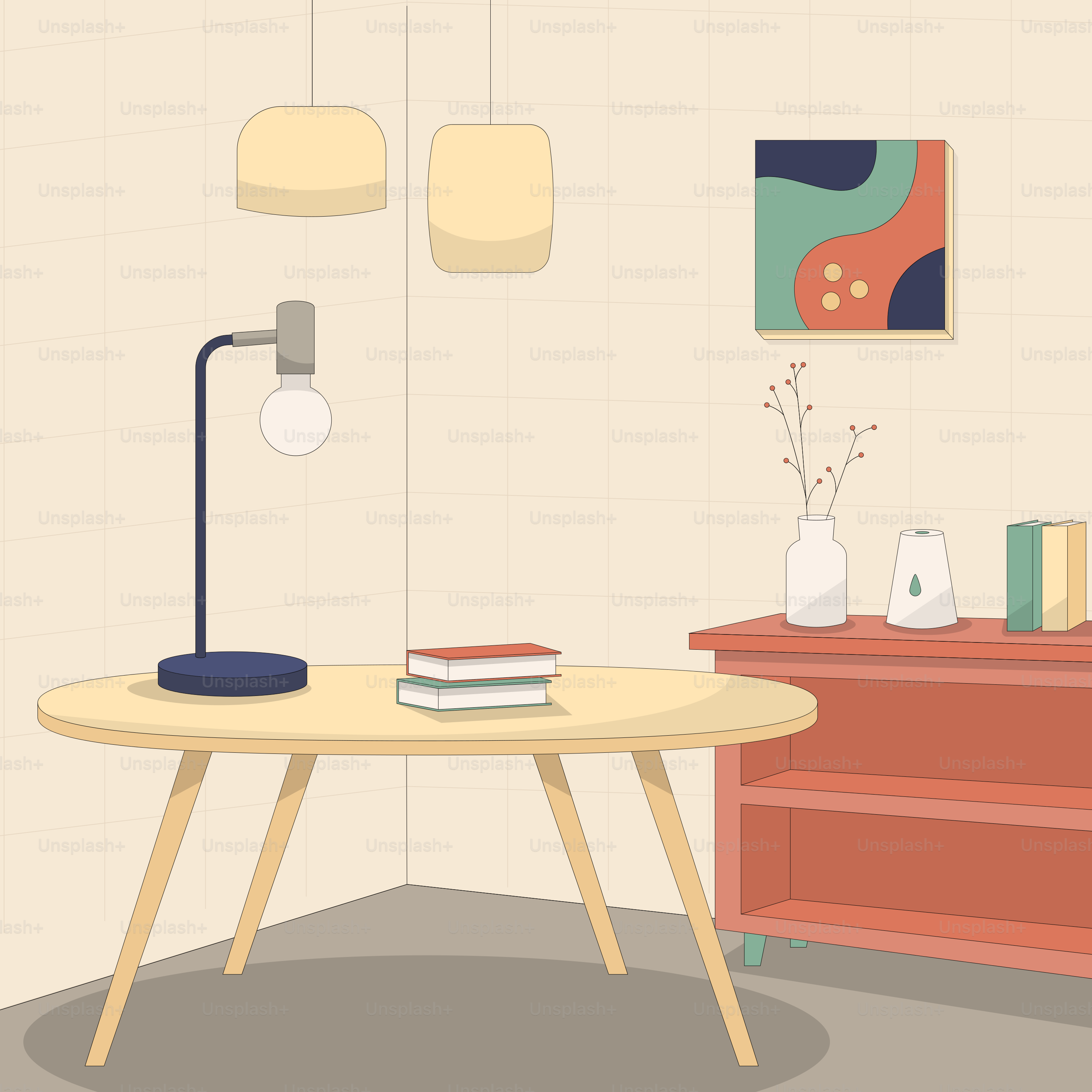 A room with a table, dresser and lamp