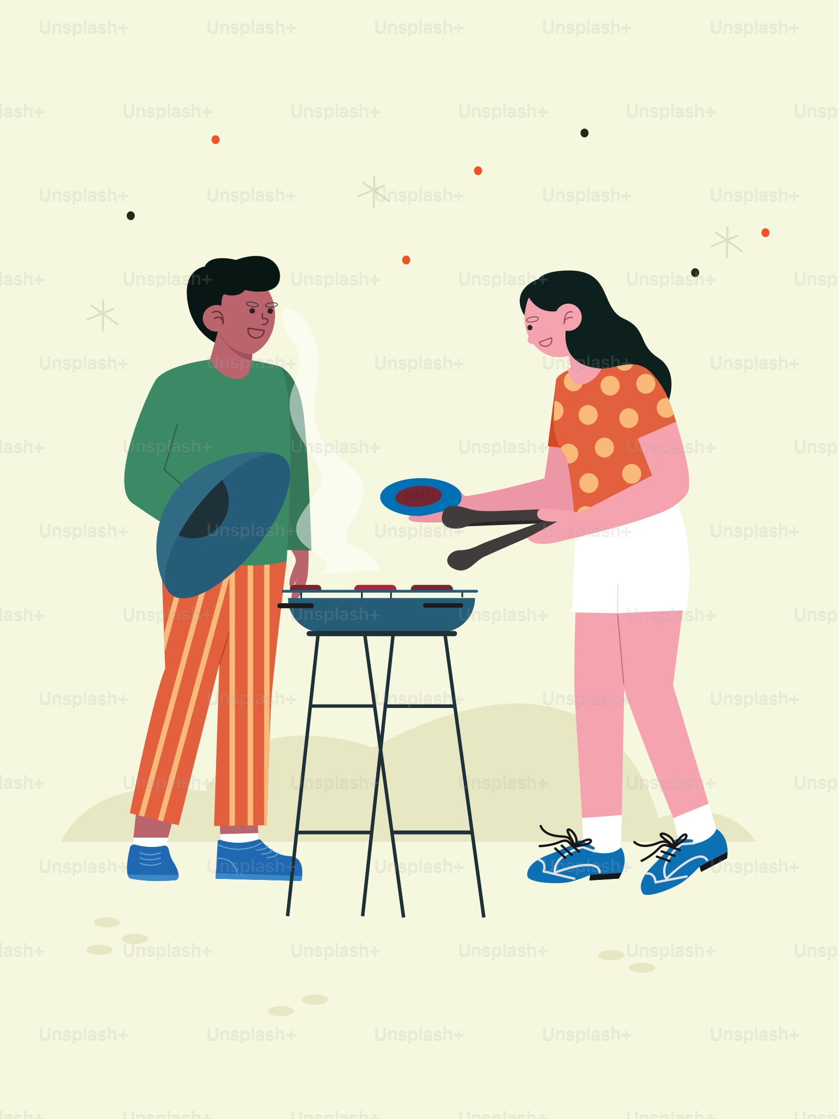 A man and a woman cooking on a grill