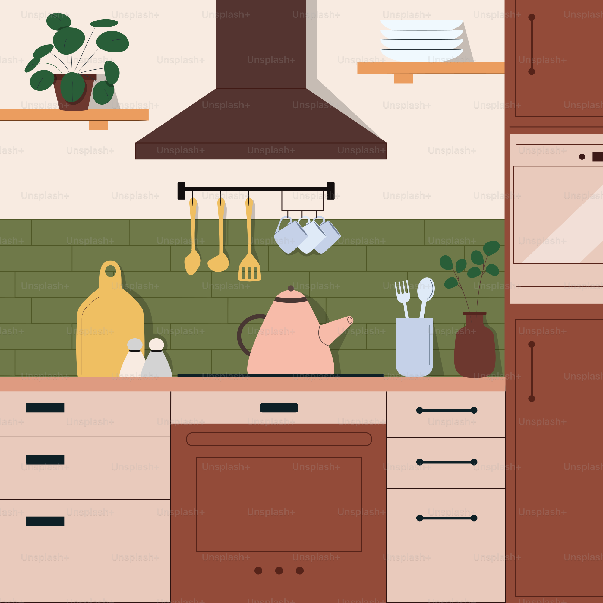 Uma cozinha com um forno de fogão ao lado de uma planta em vaso
