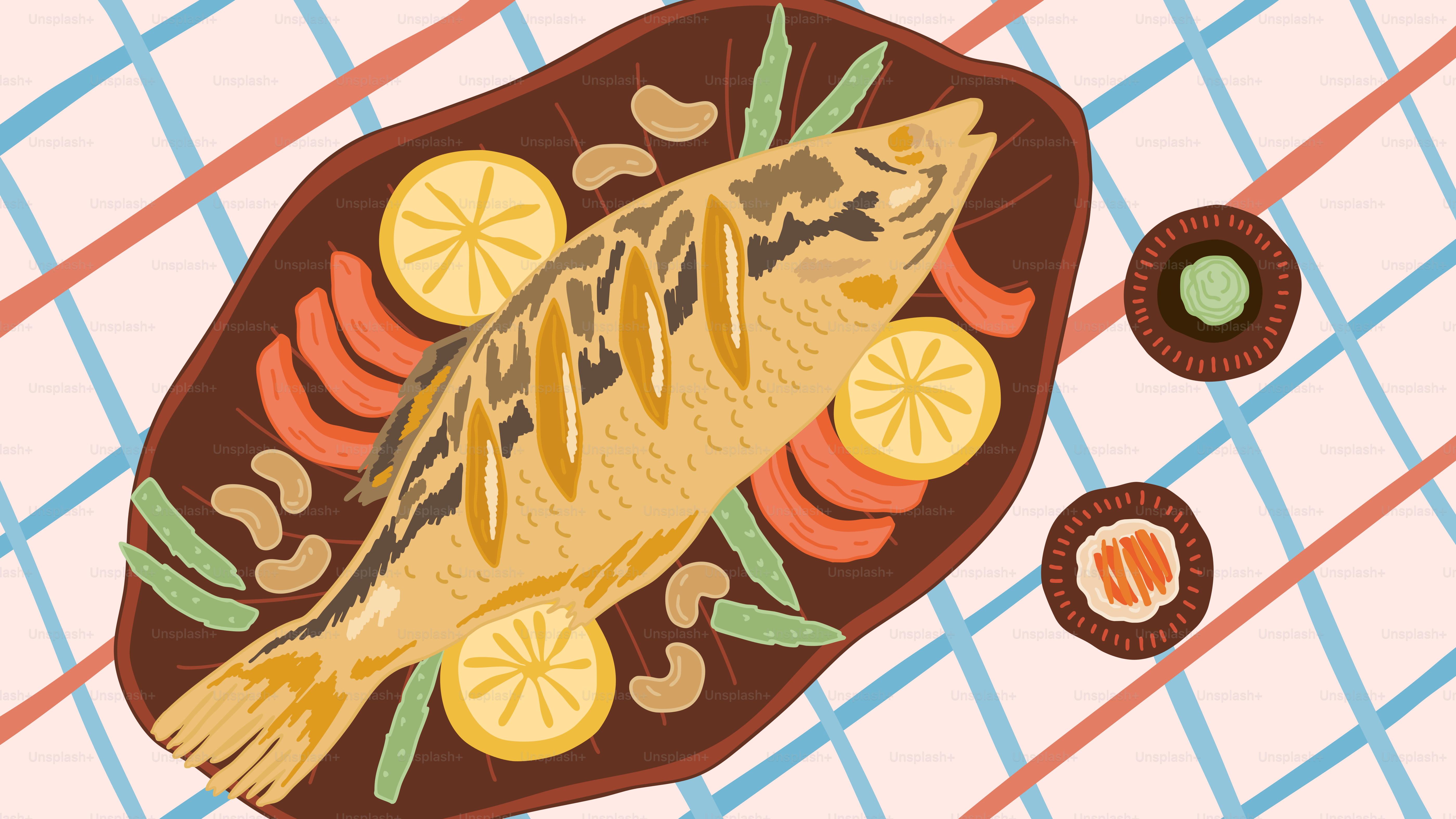 A picture of a fish on a plate of food