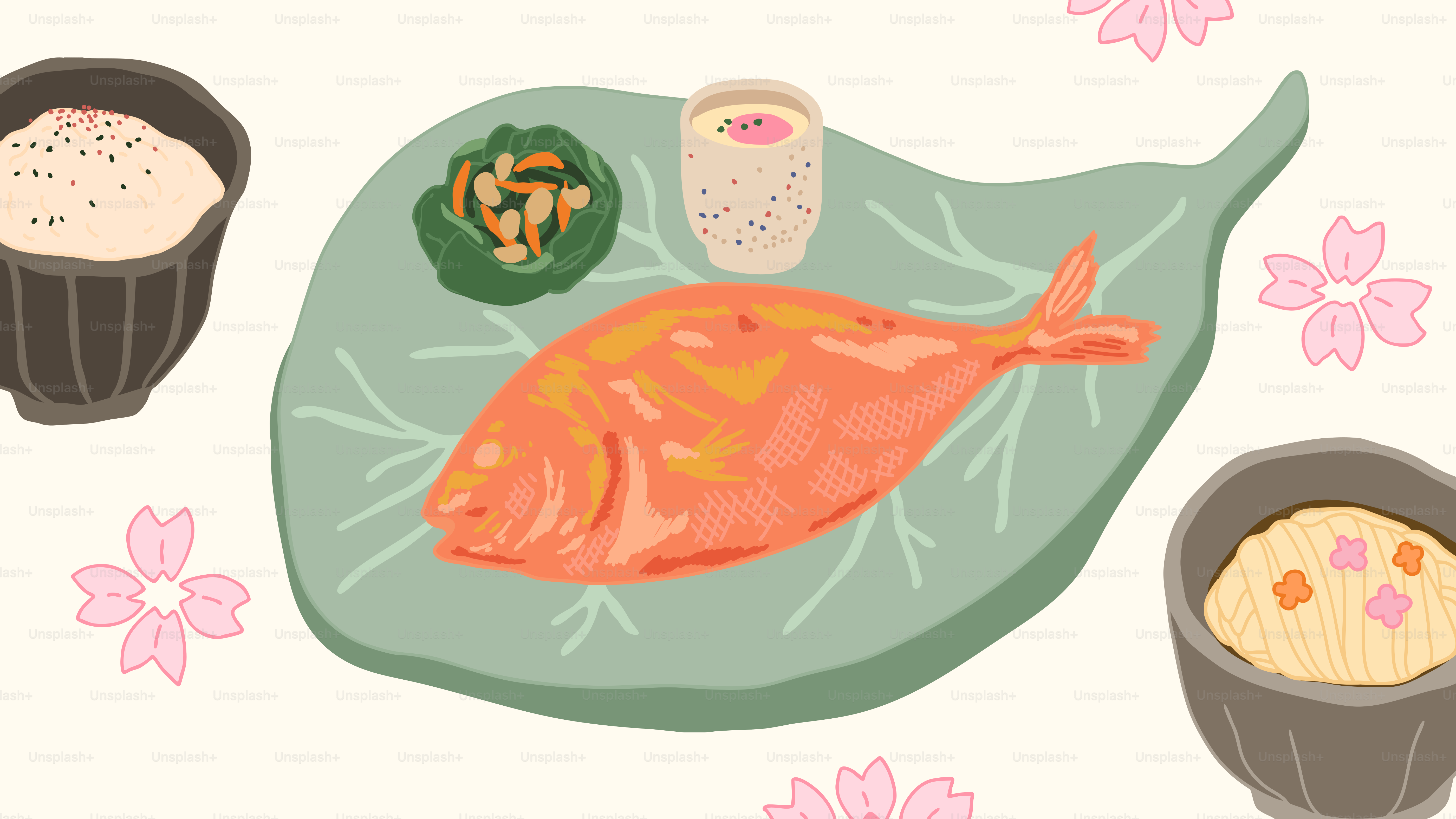 Un plato con pescado, arroz y otros alimentos