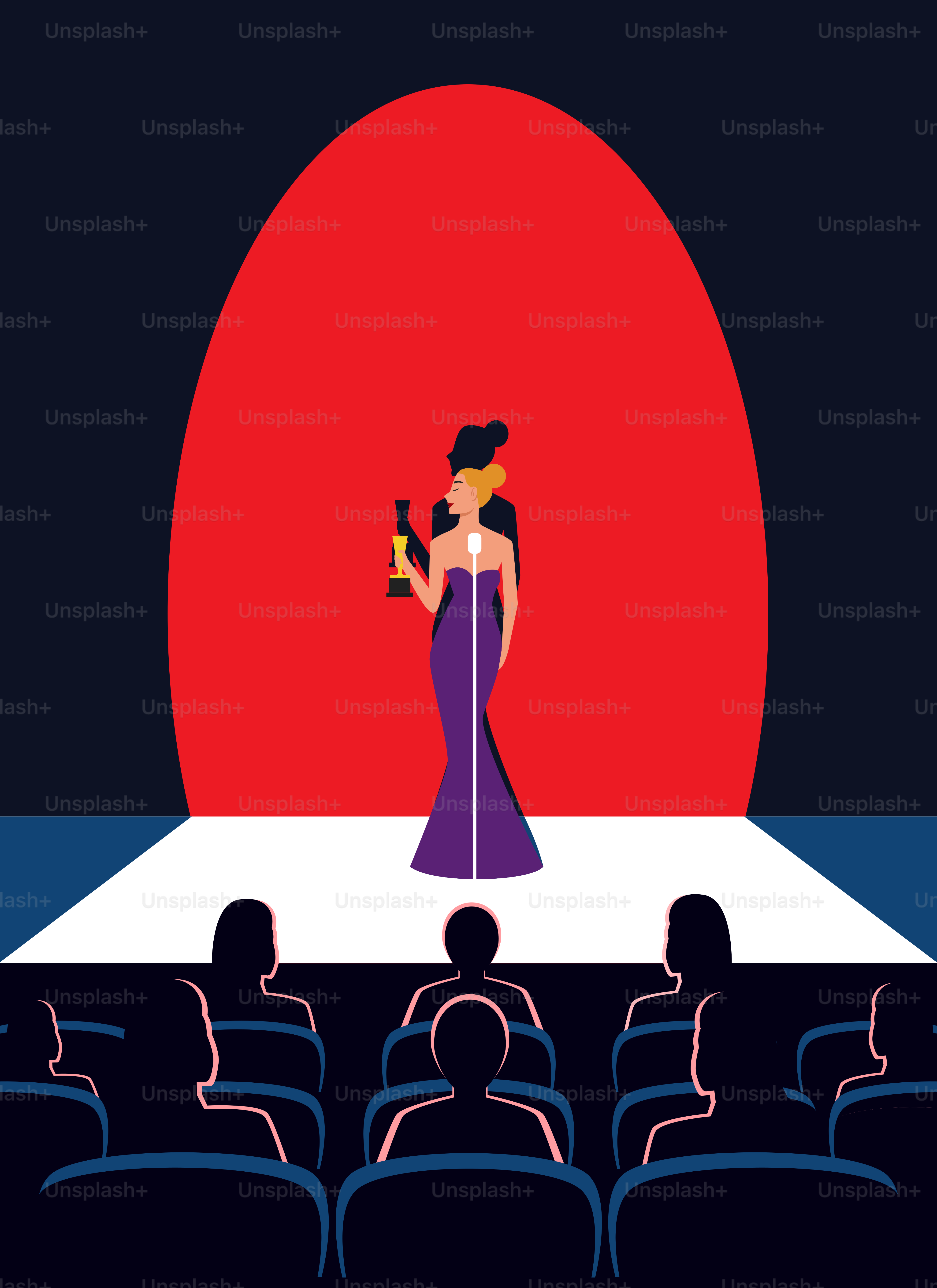 Eine Frau in einem lila Kleid, die auf einer Bühne steht