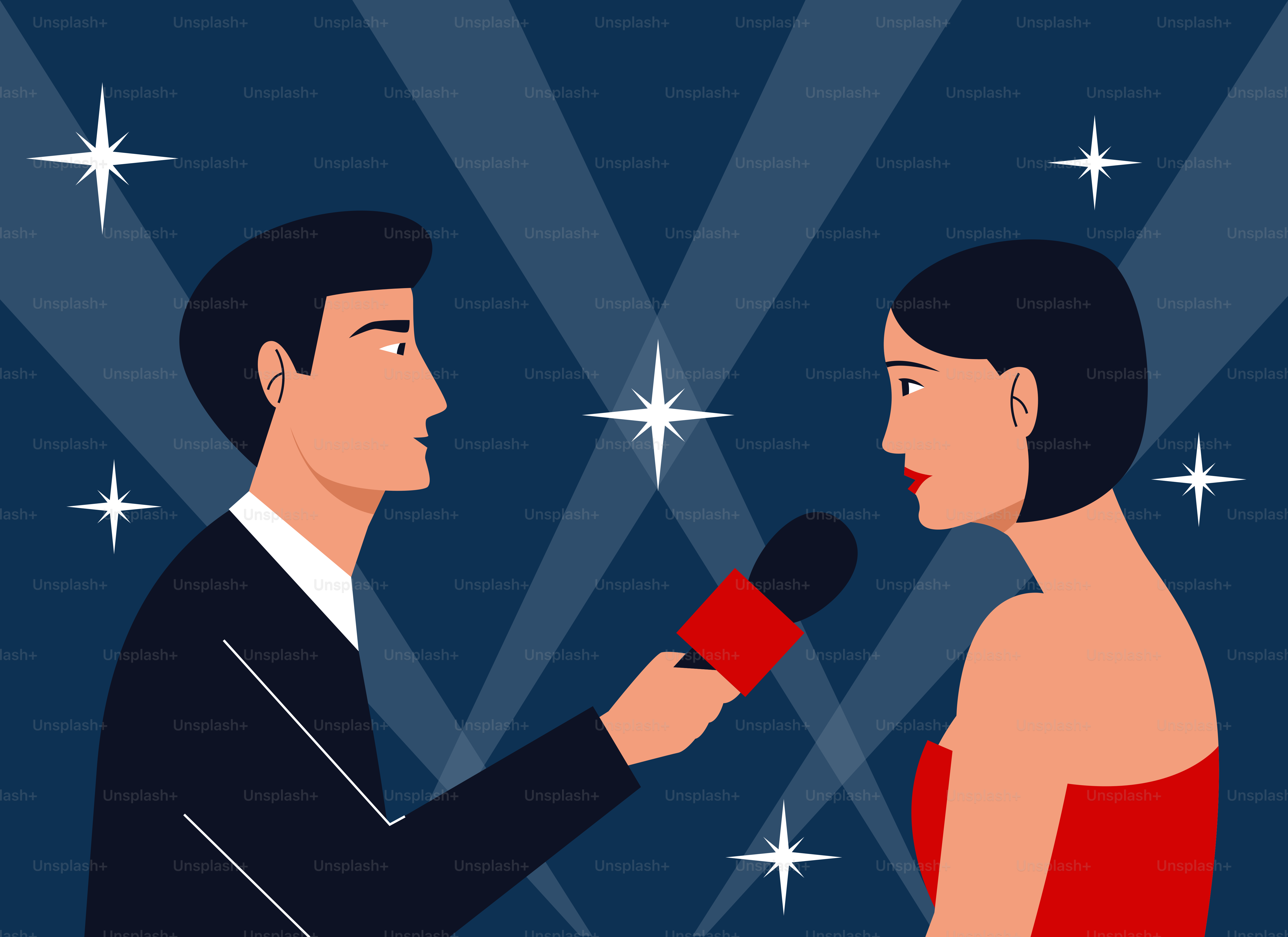 A man holding a microphone talking to a woman