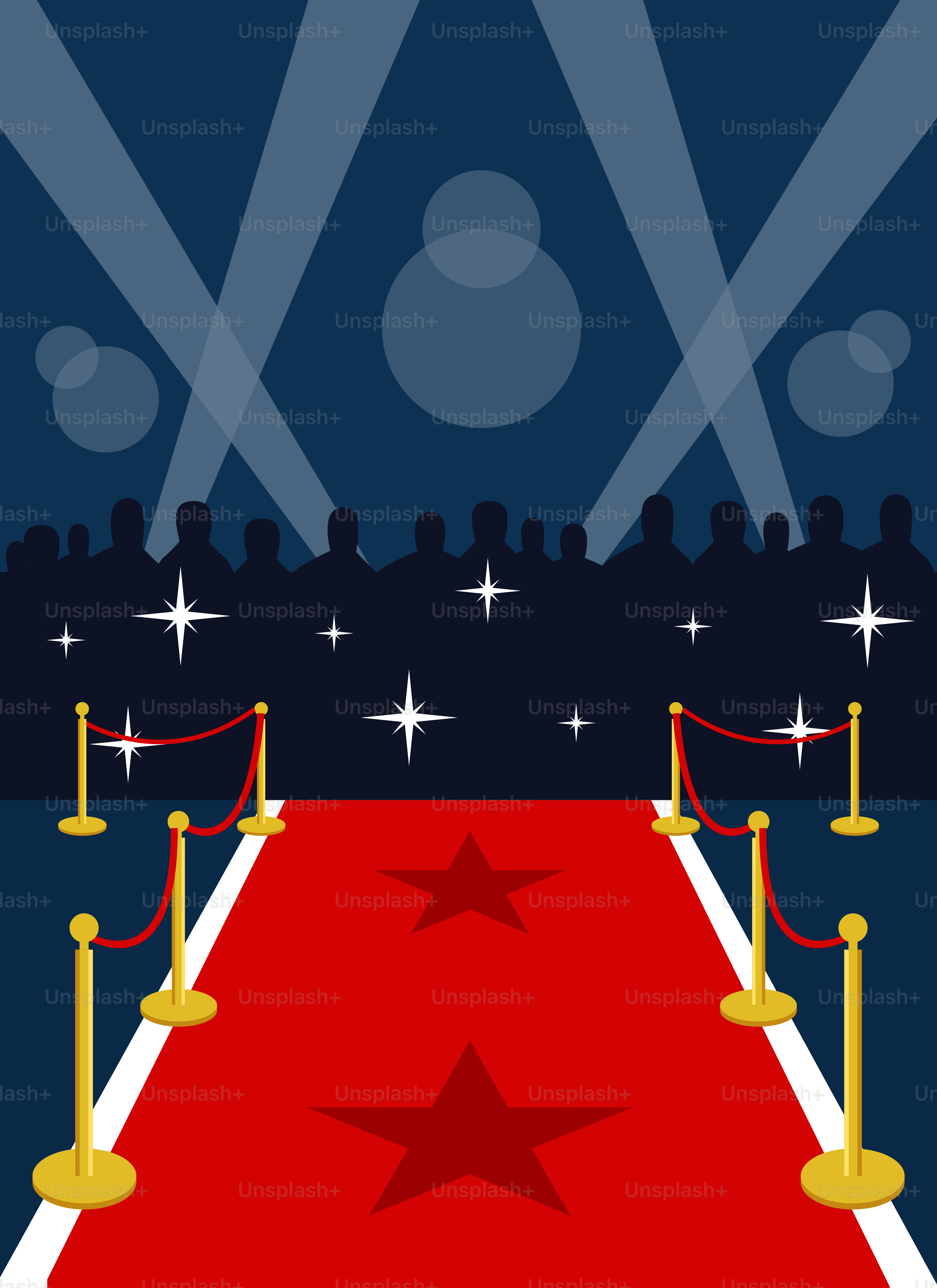 A red carpet with gold barriers and stars