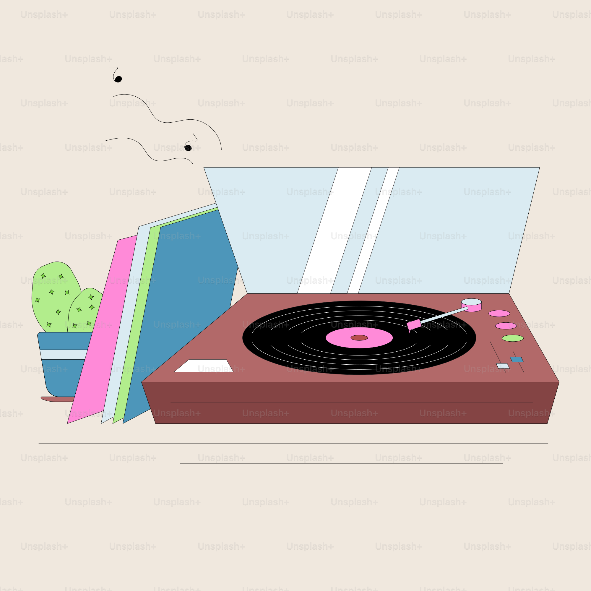 A record player sitting on top of a table next to a cactus