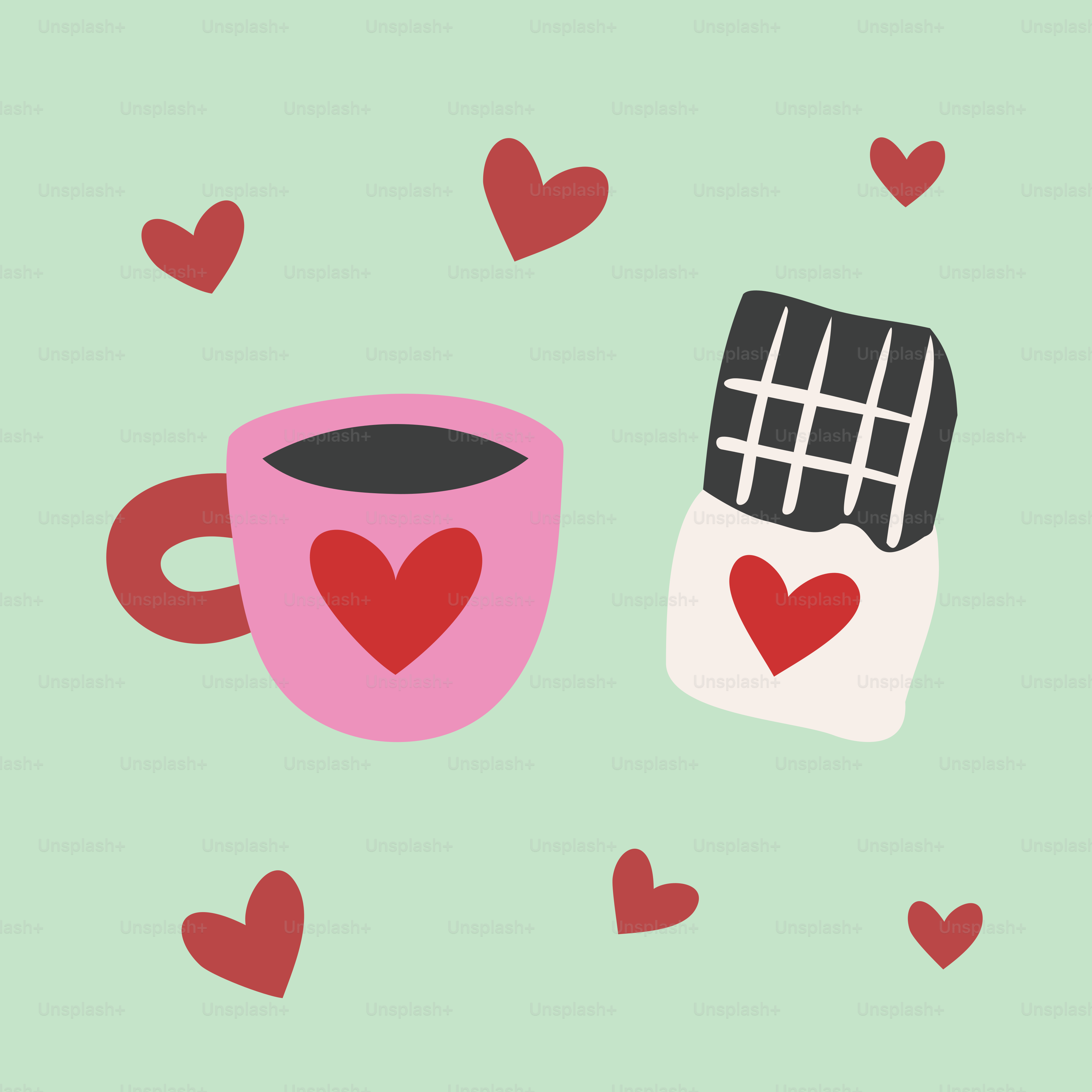 Una taza de café y una tableta de chocolate con corazones