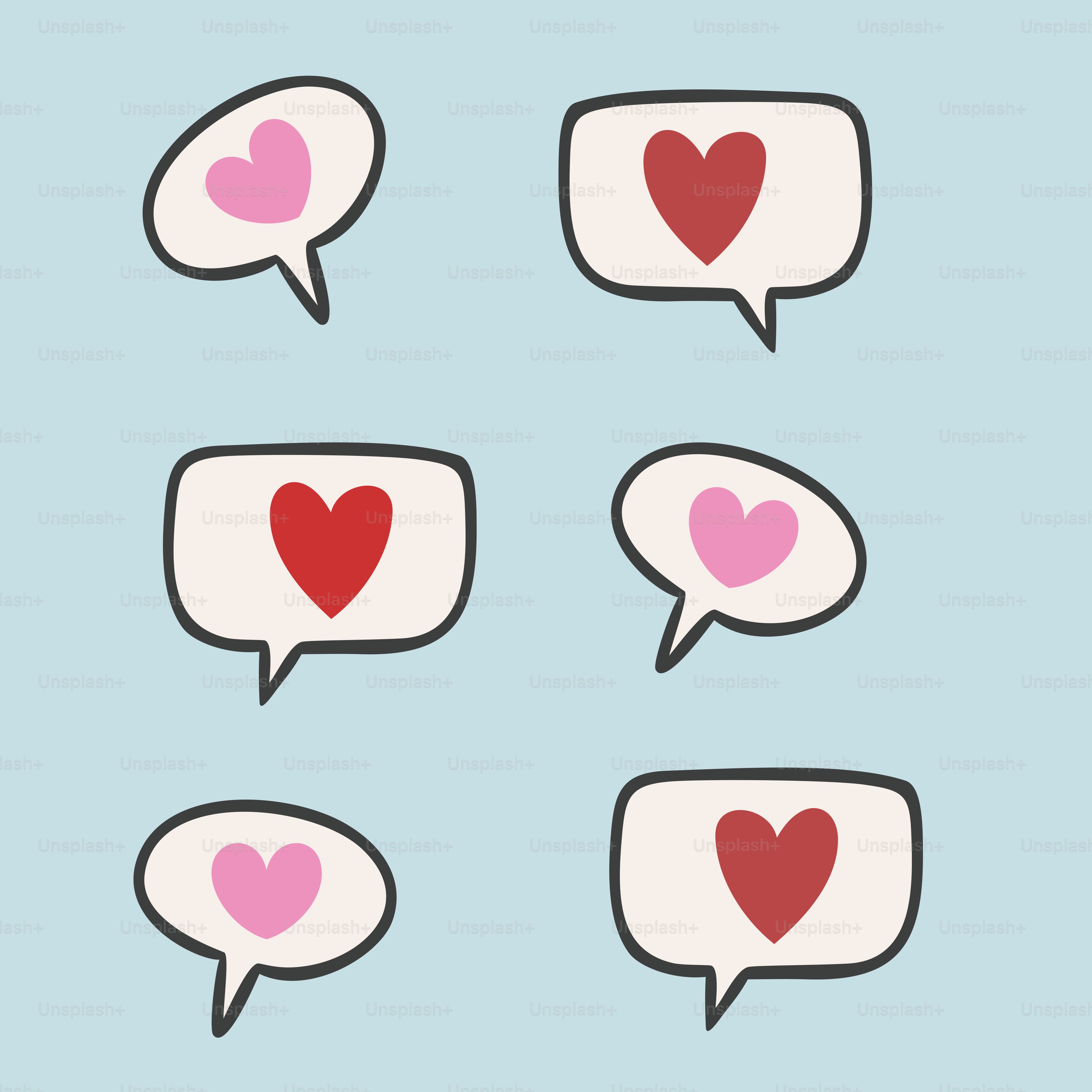 A group of speech bubbles with hearts on them