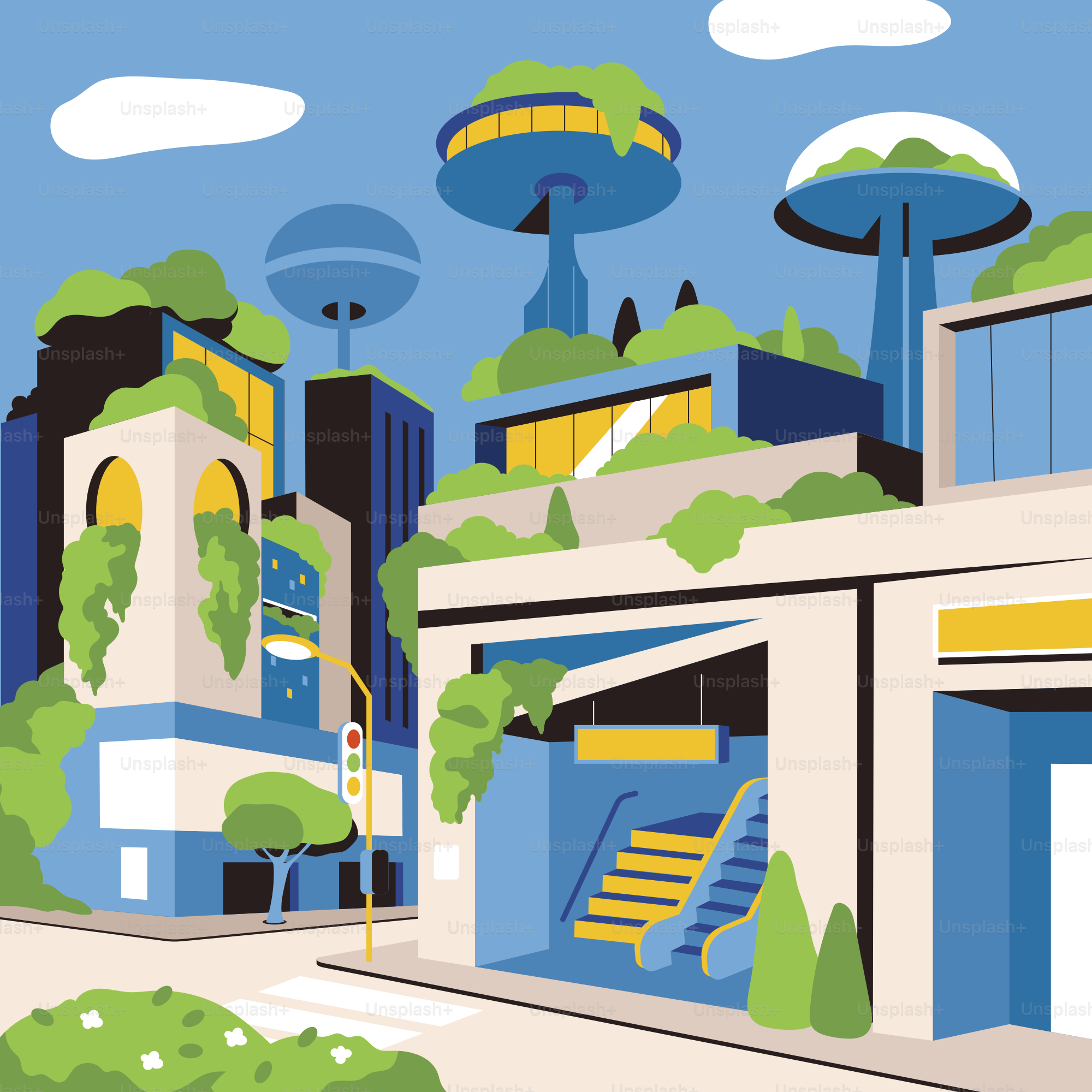 A painting of a building with a lot of trees on top of it