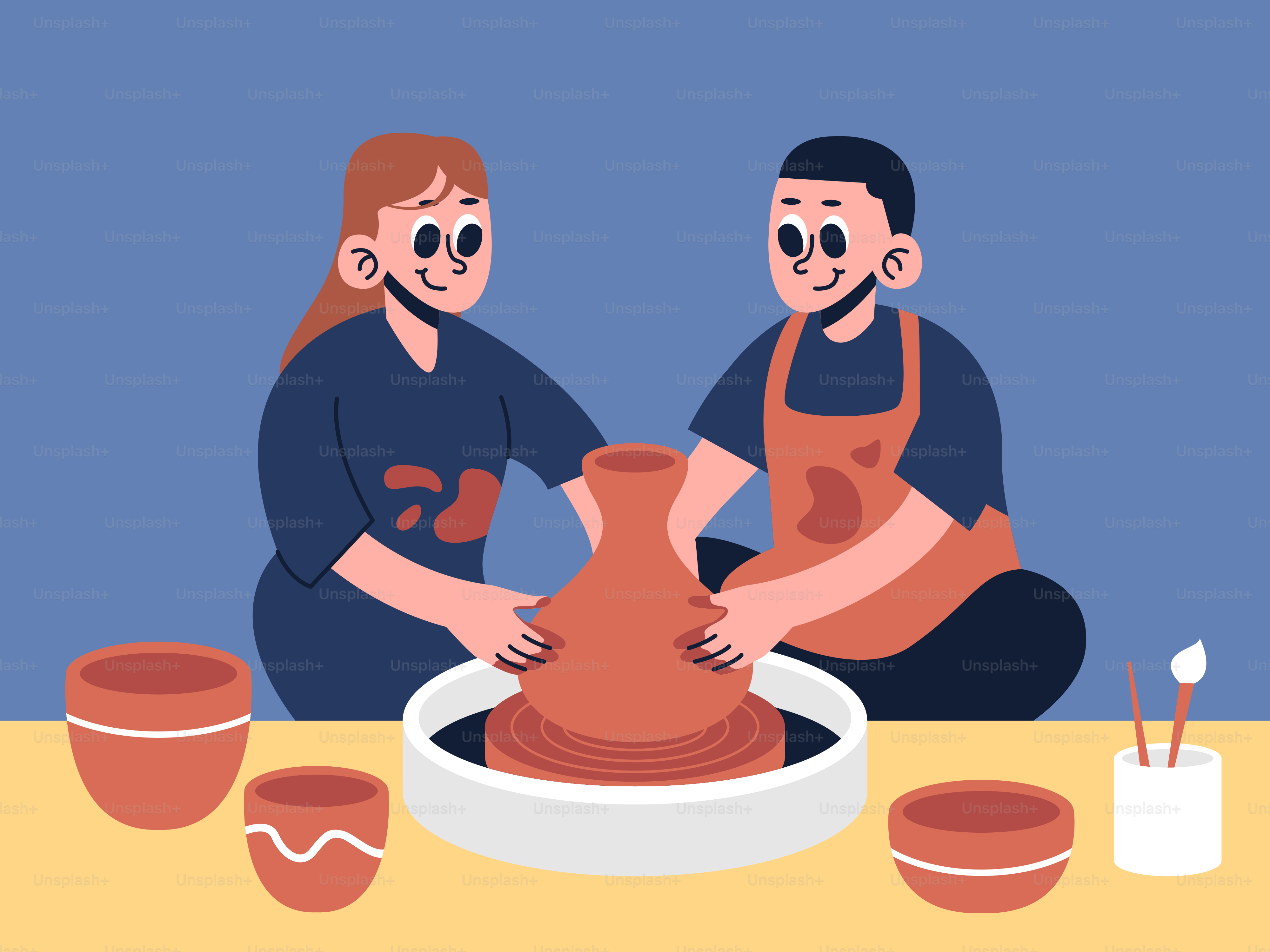 A couple of people that are making a vase