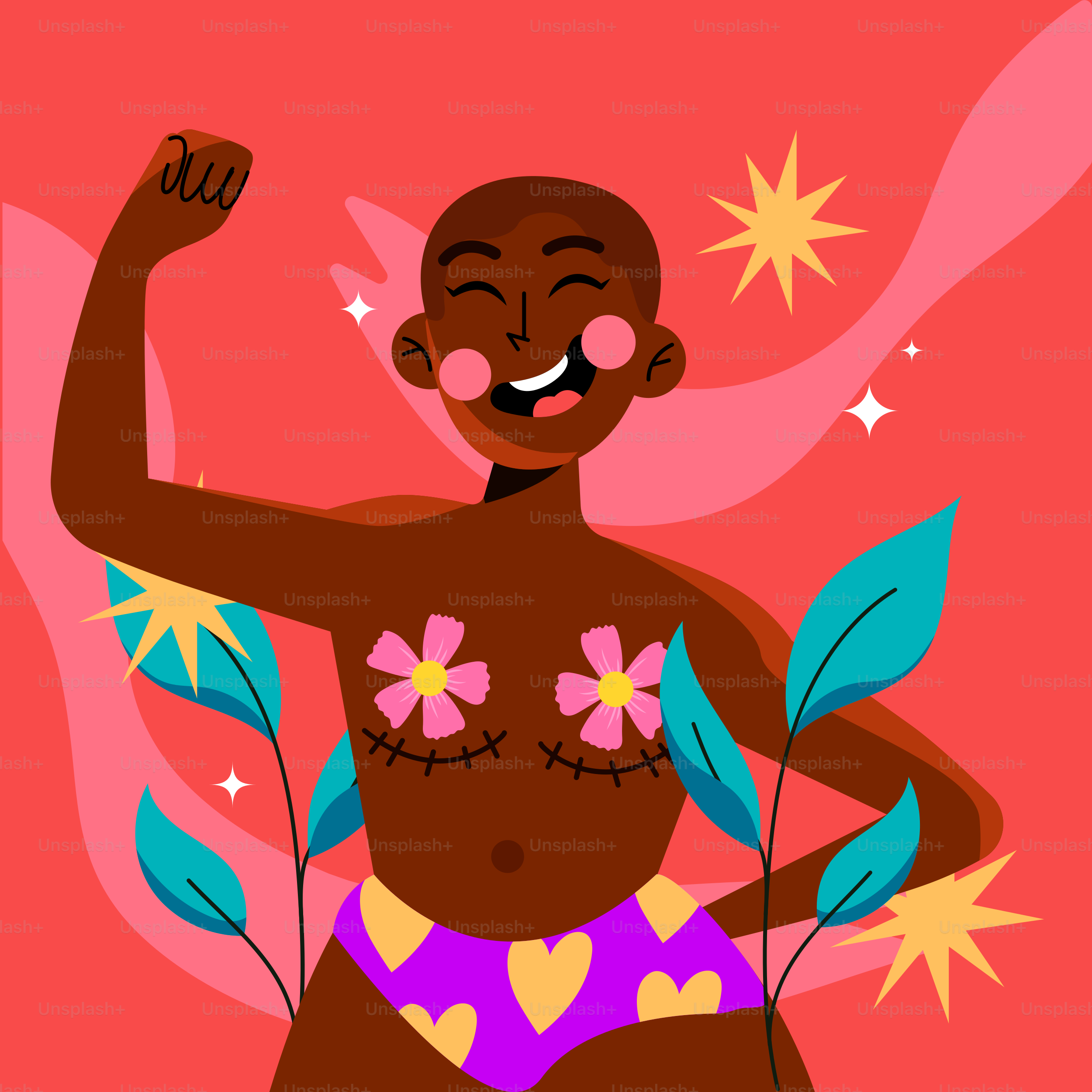 A woman in a bikini with flowers on her chest