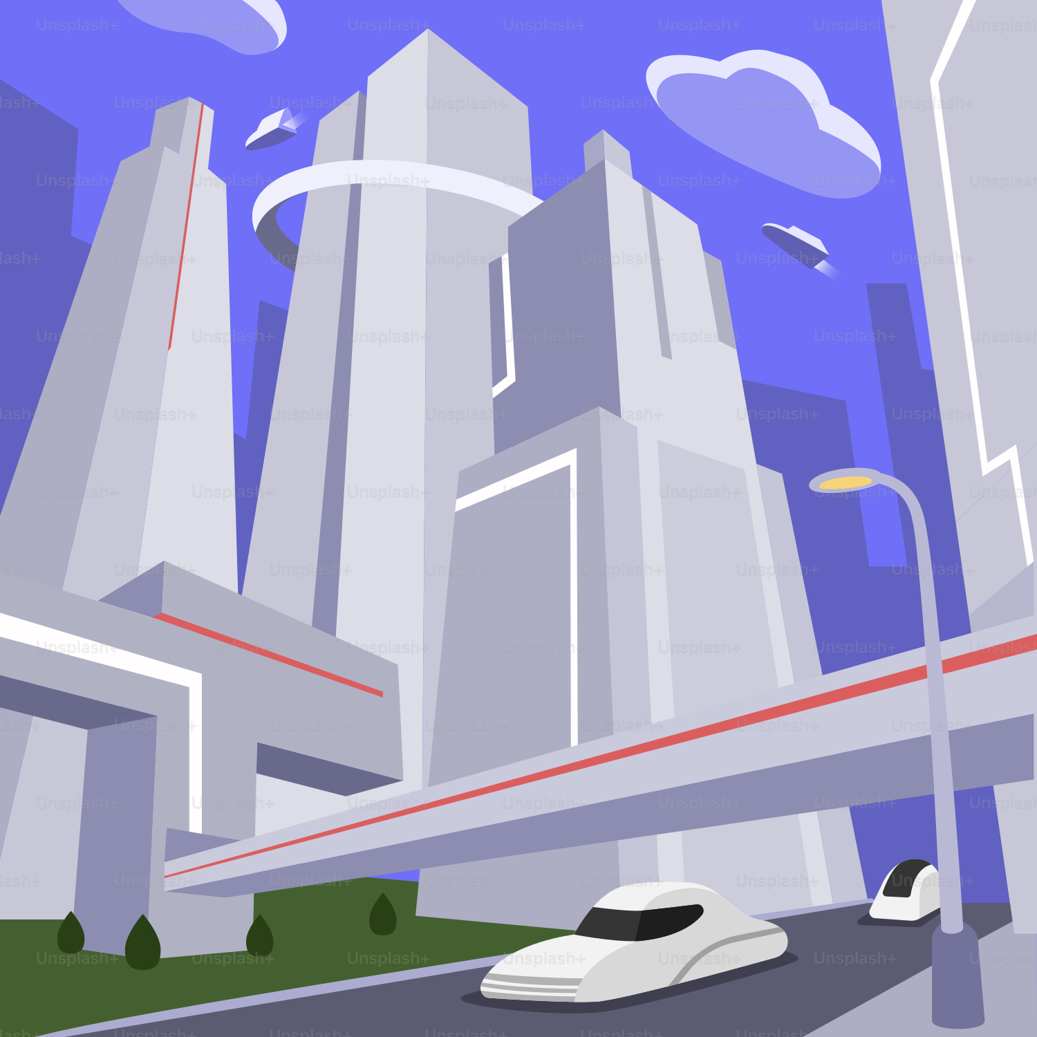 A white car driving down a street next to tall buildings