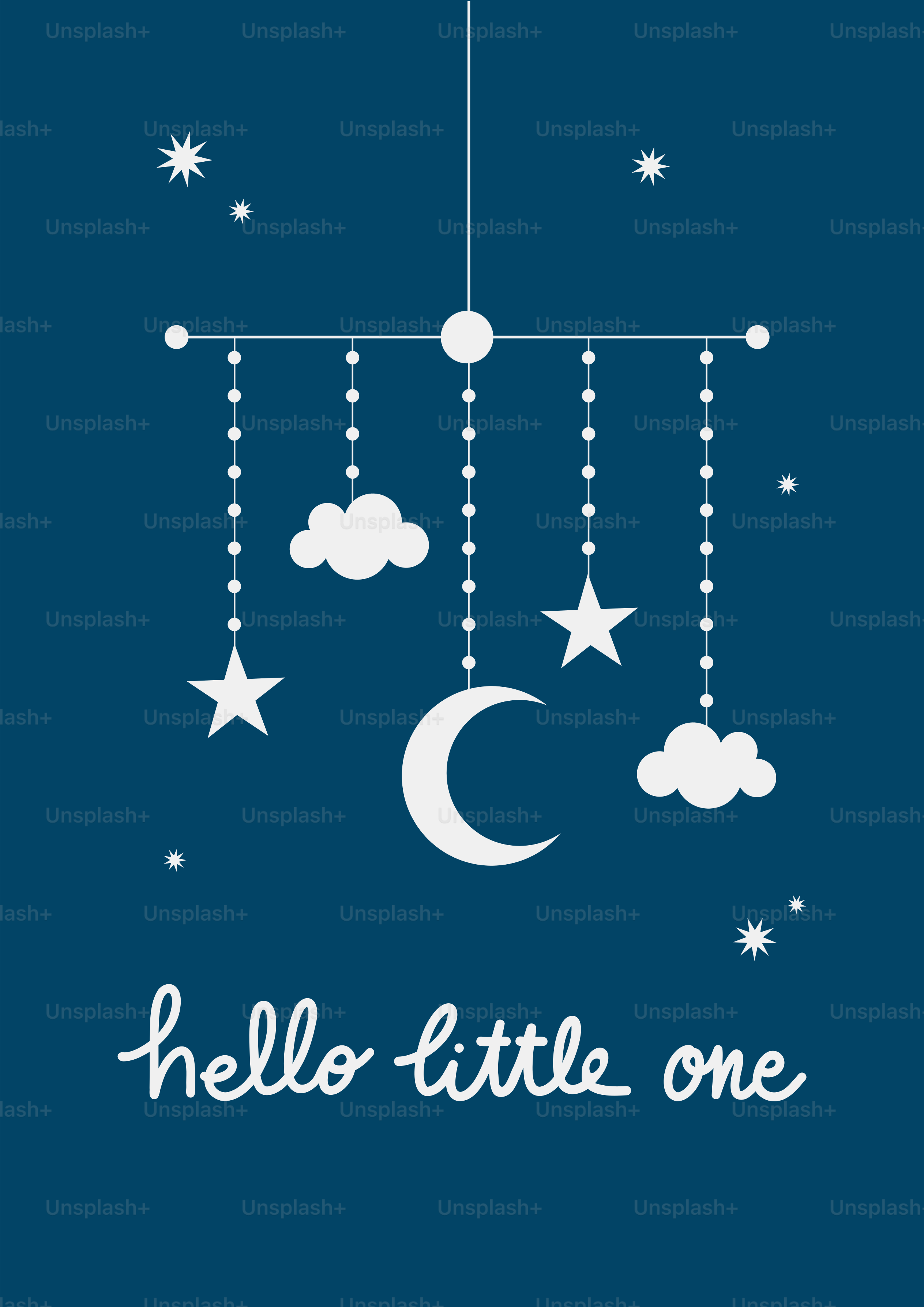 Un fond bleu avec des étoiles et des nuages et les mots bonjour petit suspendu à un