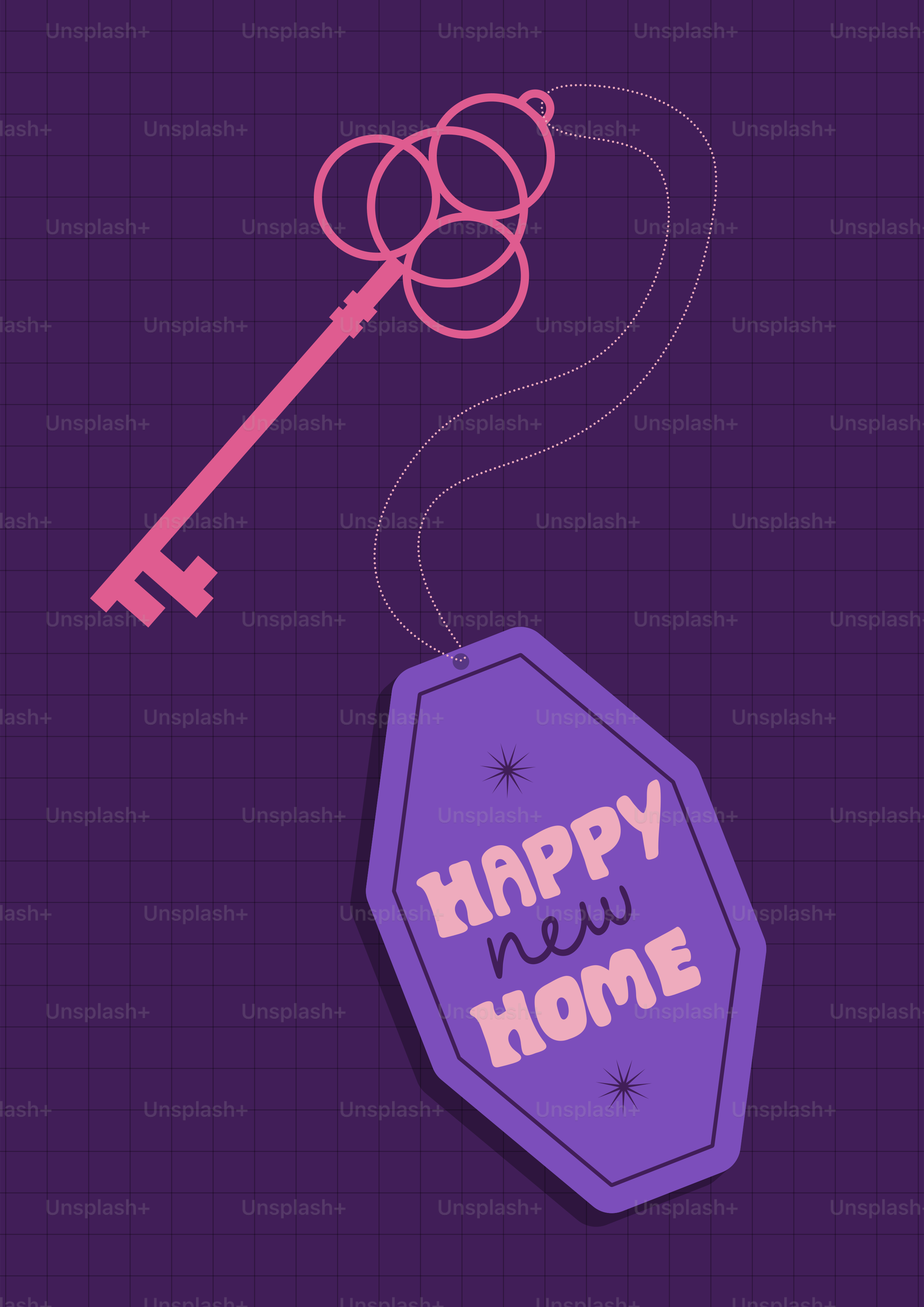 A happy new home tag with a key hanging from it