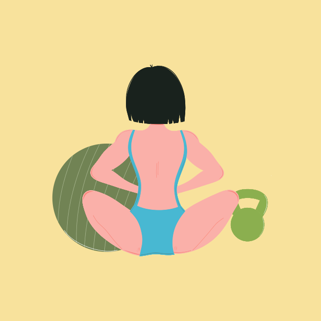 A woman in a blue swimsuit sitting on a ball