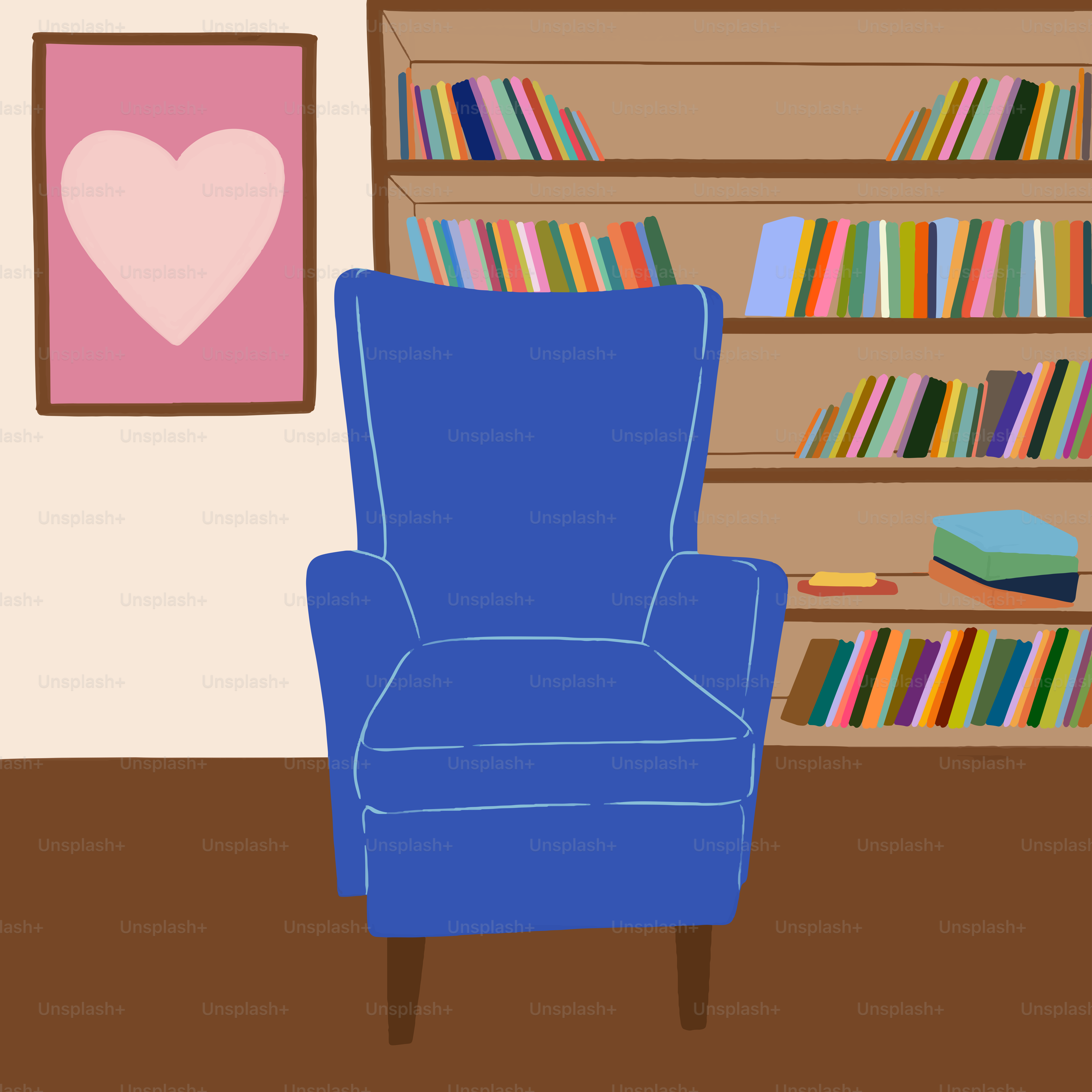 A blue chair sitting in front of a book shelf filled with books
