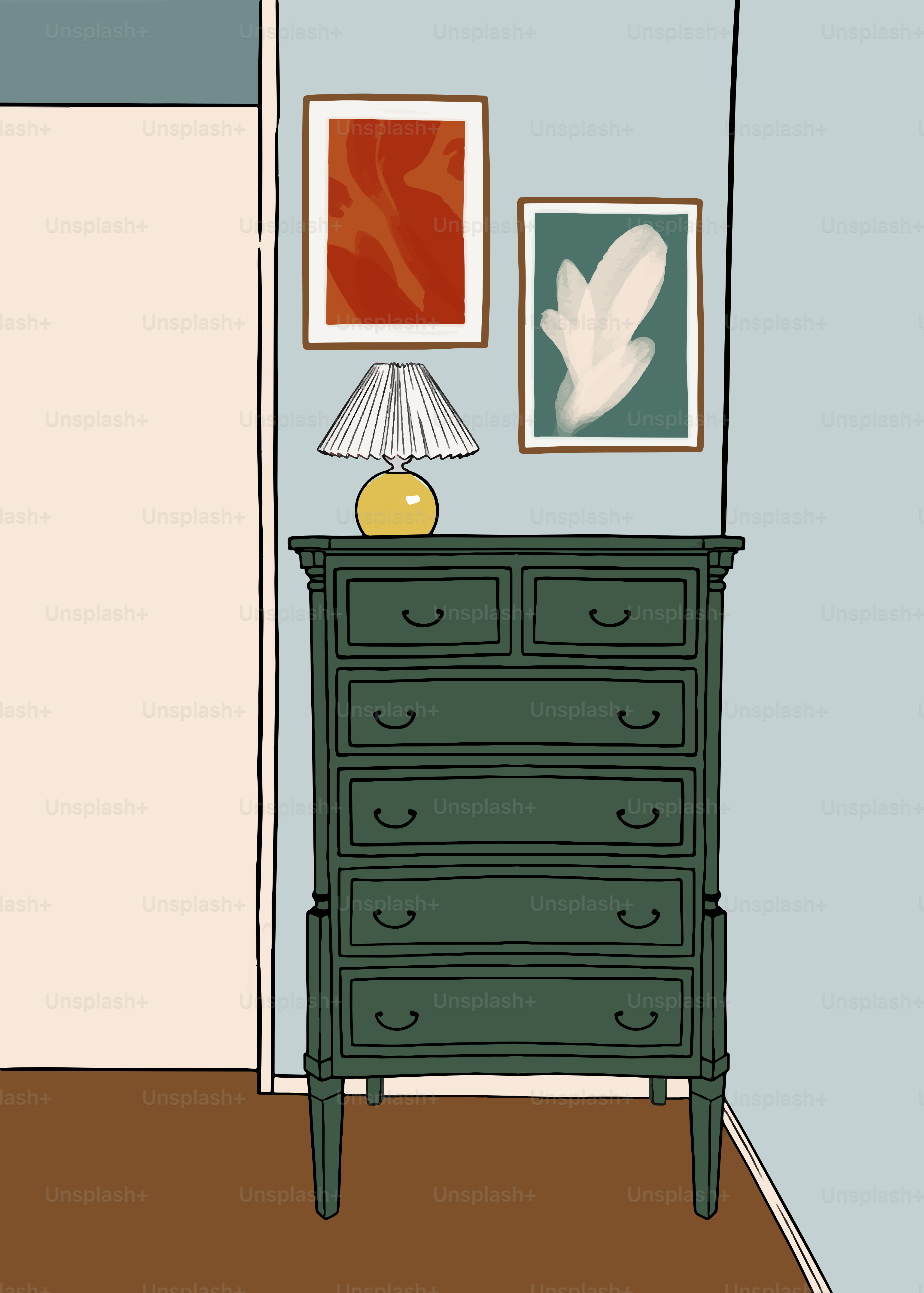 A room with a dresser and pictures on the wall