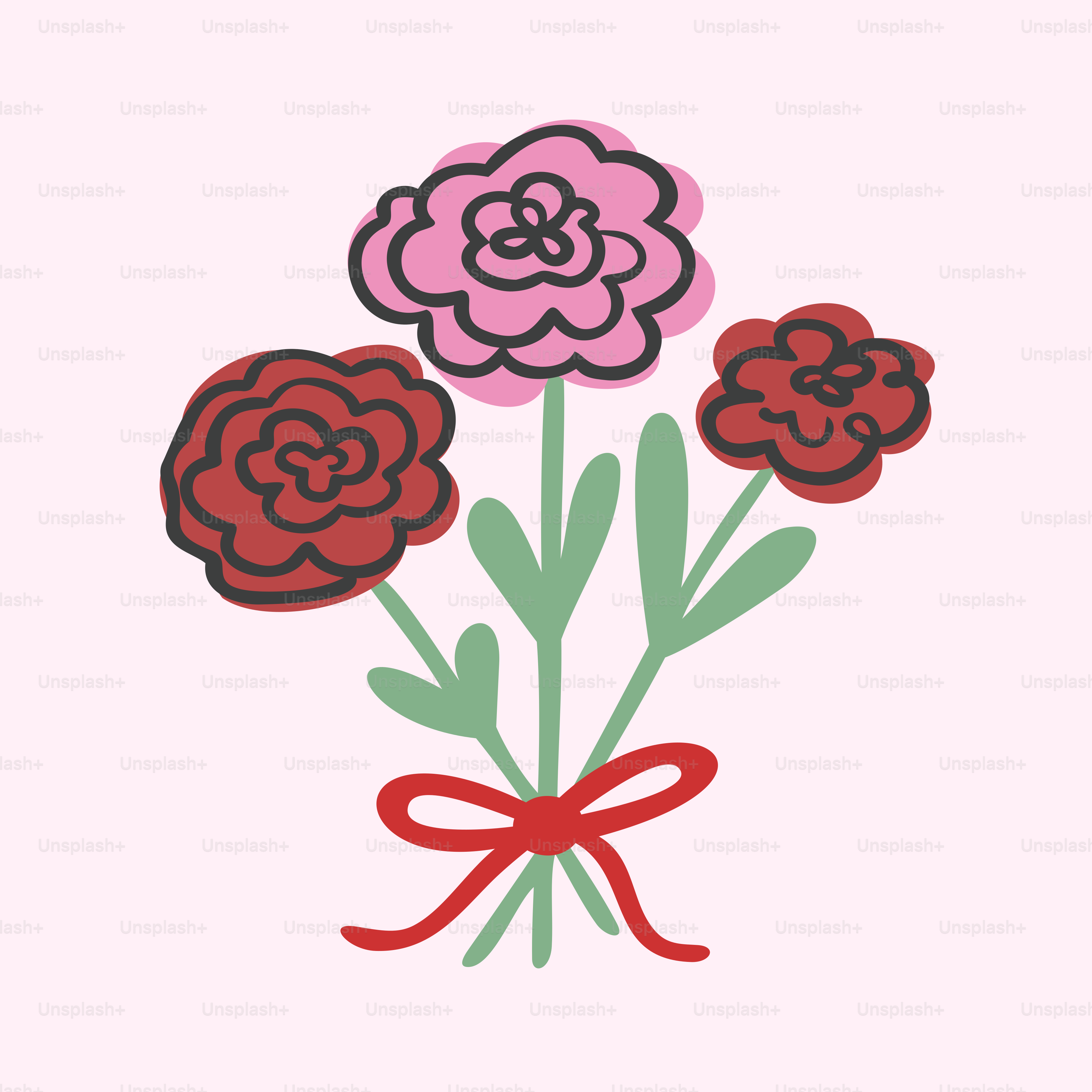 Un ramo de flores con un lazo rojo sobre un fondo rosa