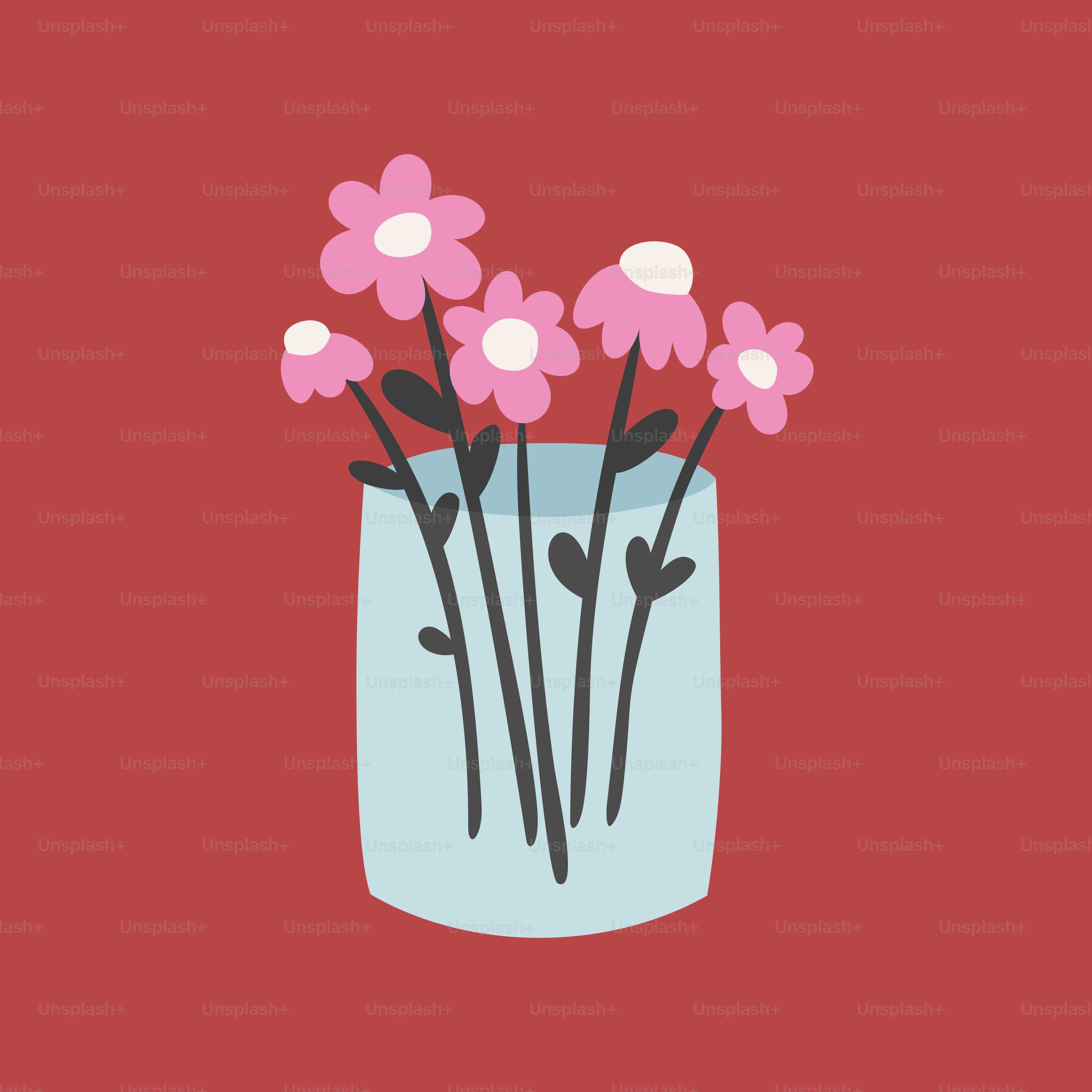 Um vaso azul cheio de flores rosas sobre fundo vermelho