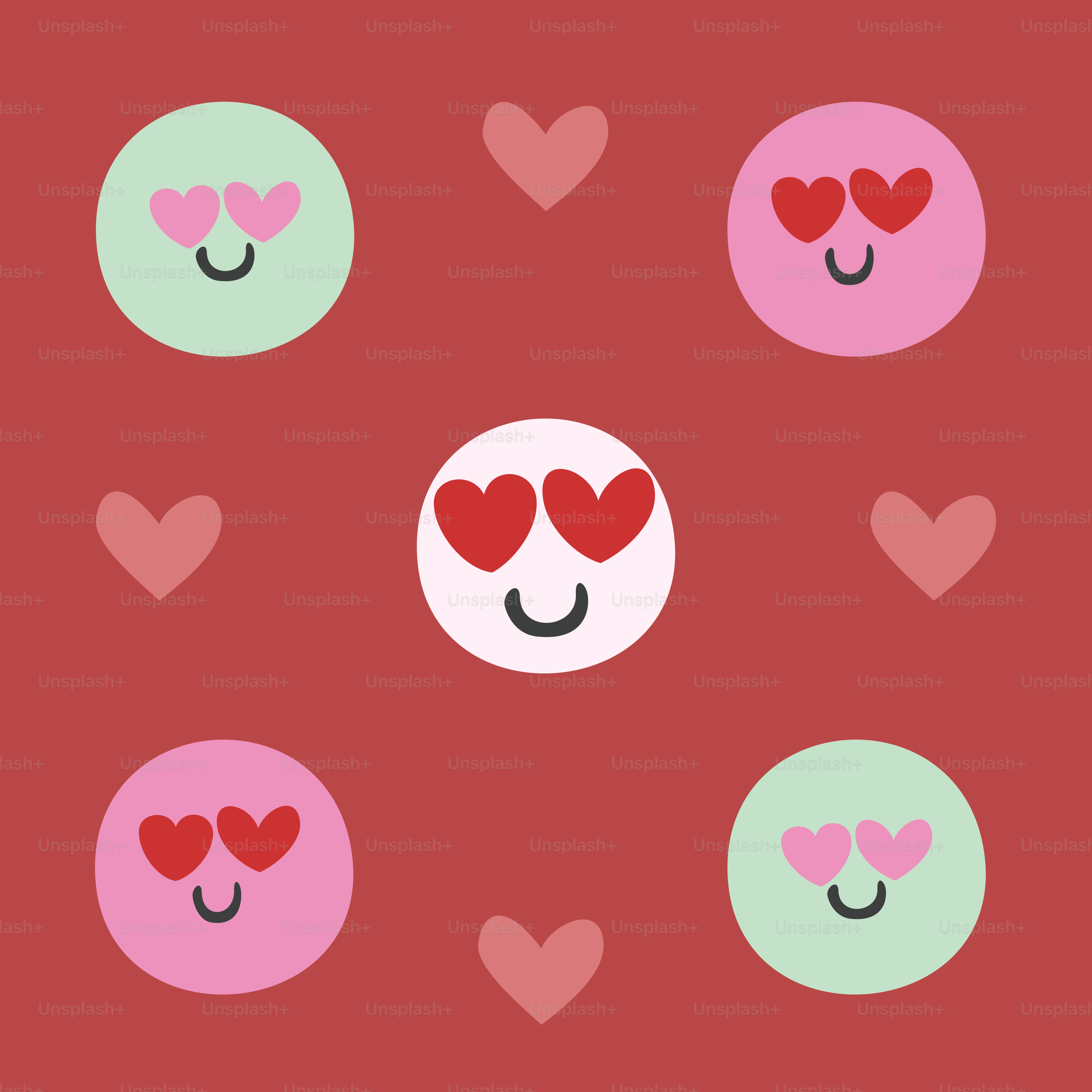 赤い背景にハートとスマイリーフェイスが描かれています