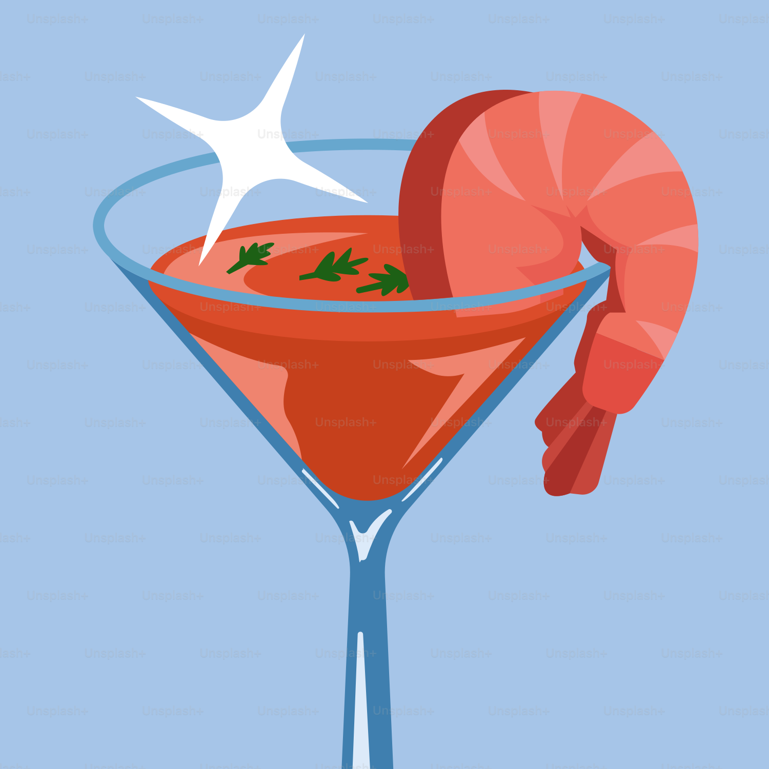A shrimp cocktail with garnish in a martini glass