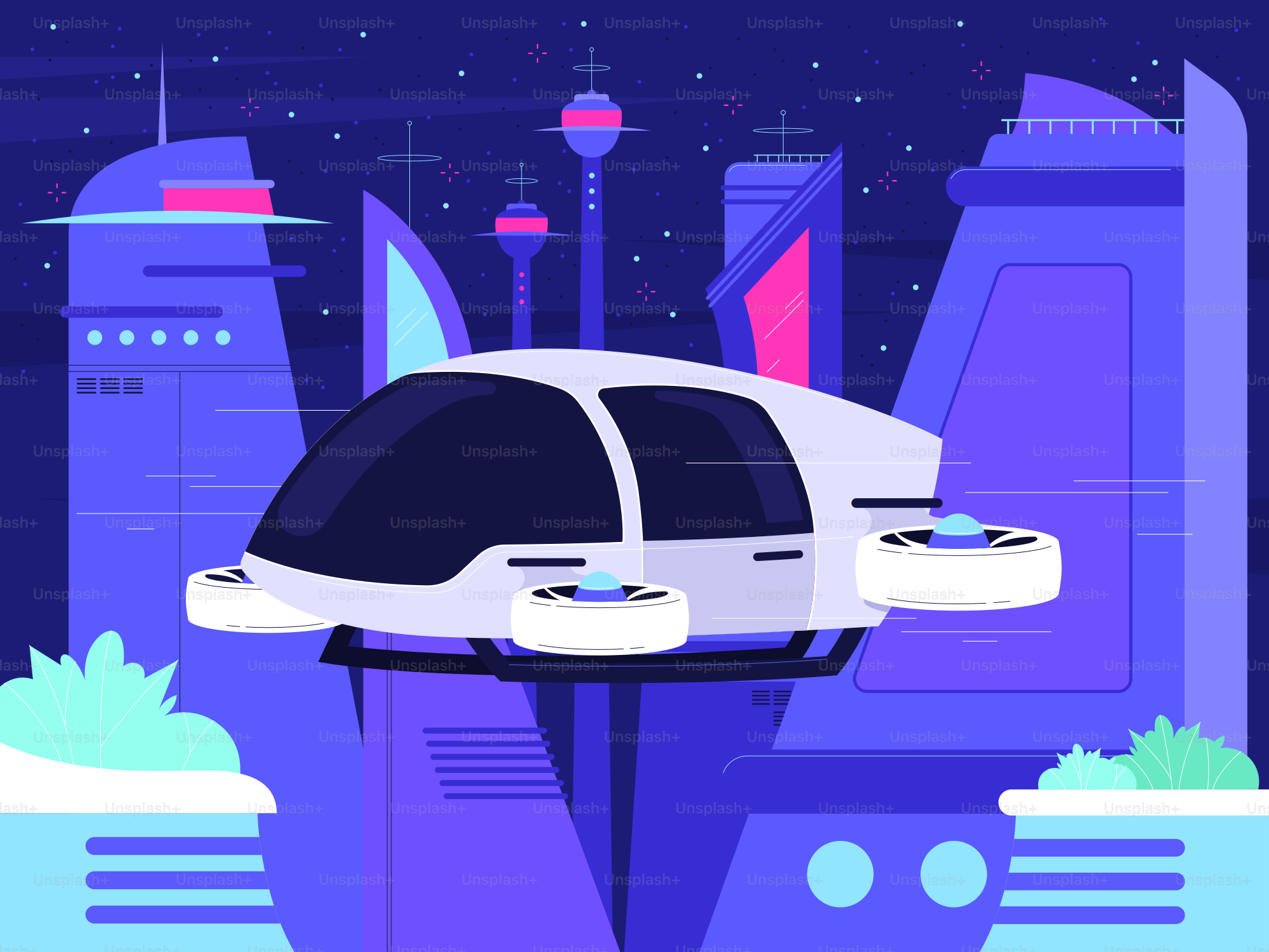 A car flying through the air over a city