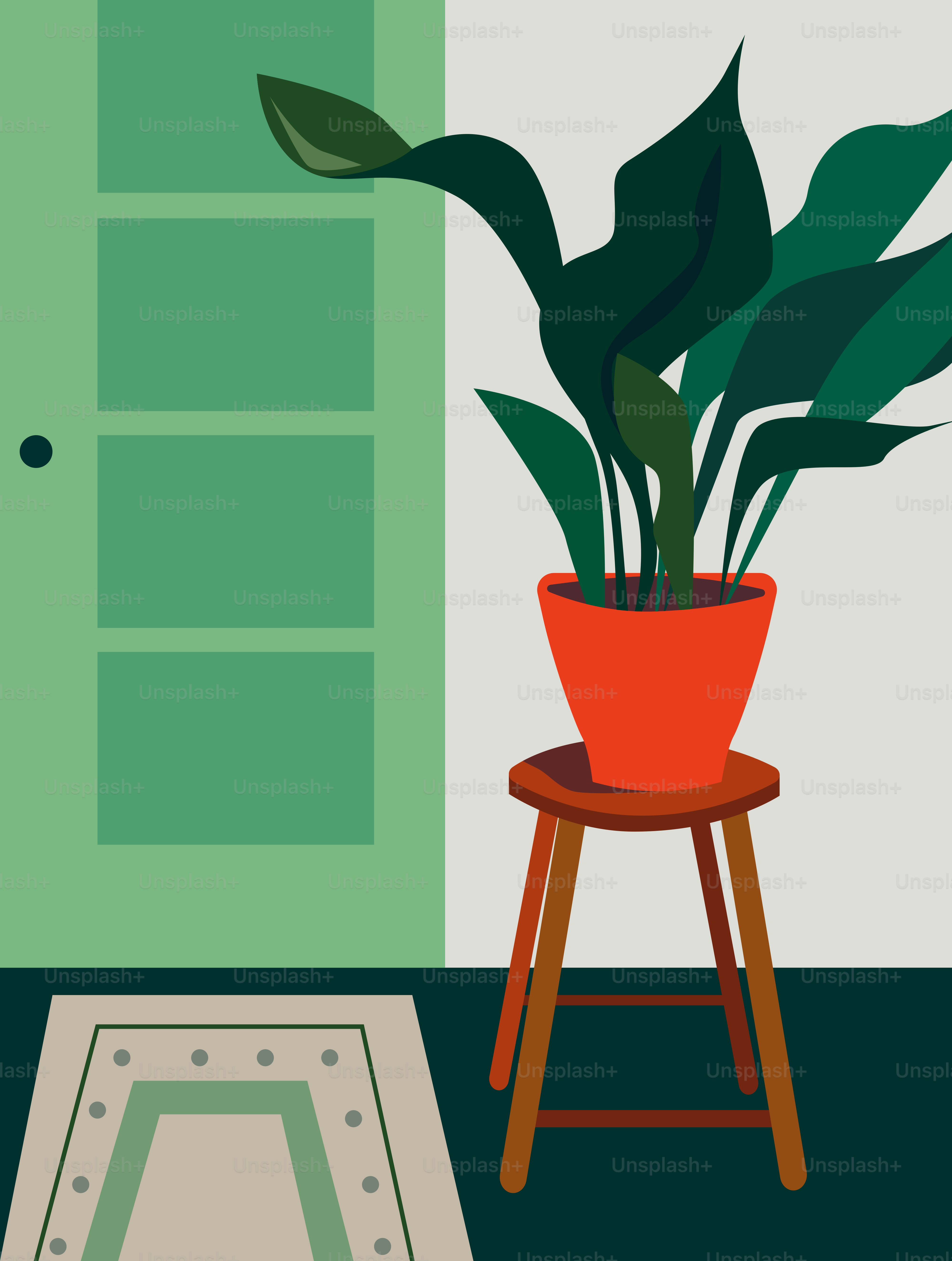 木製のスツールの上に置かれた鉢植えの植物