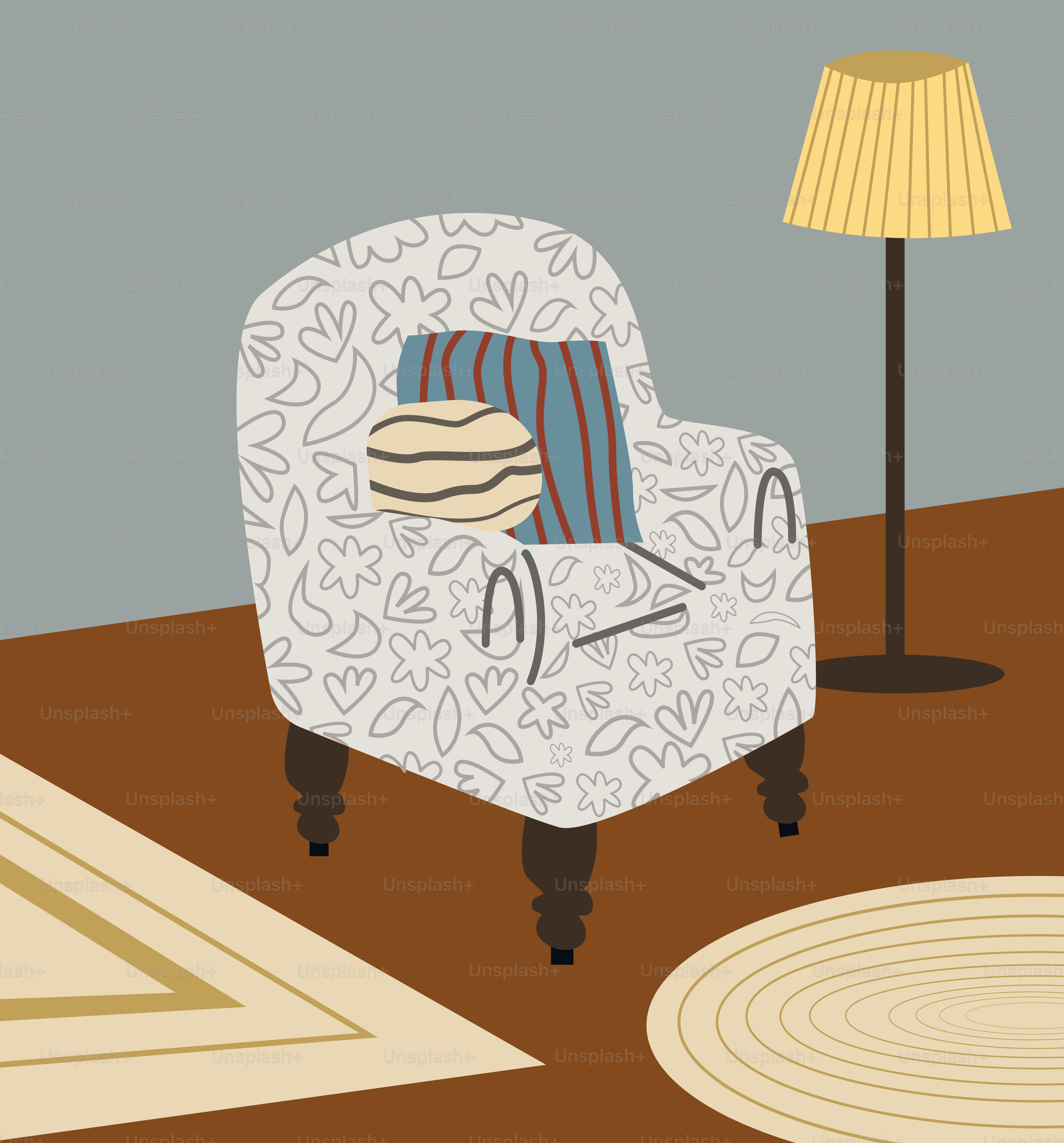 Un salón con una silla y una lámpara