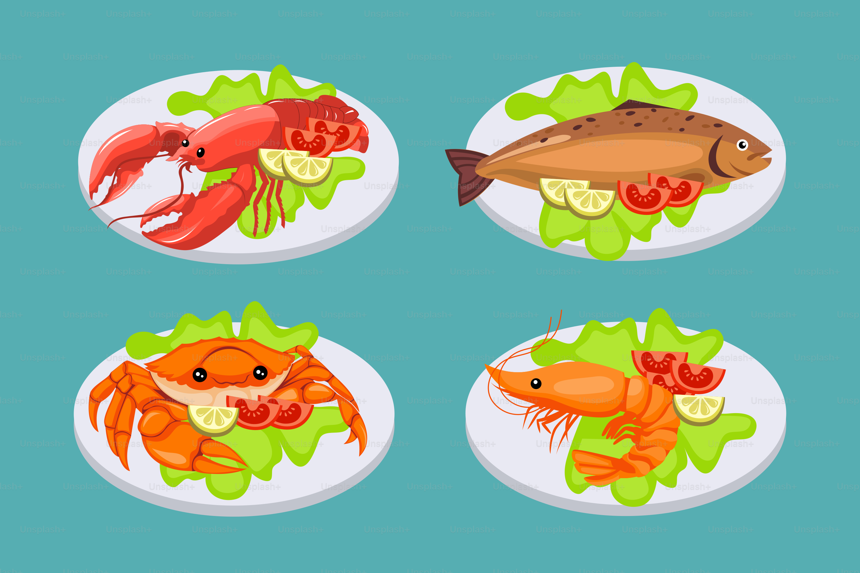 A set of four plates with different types of food on them