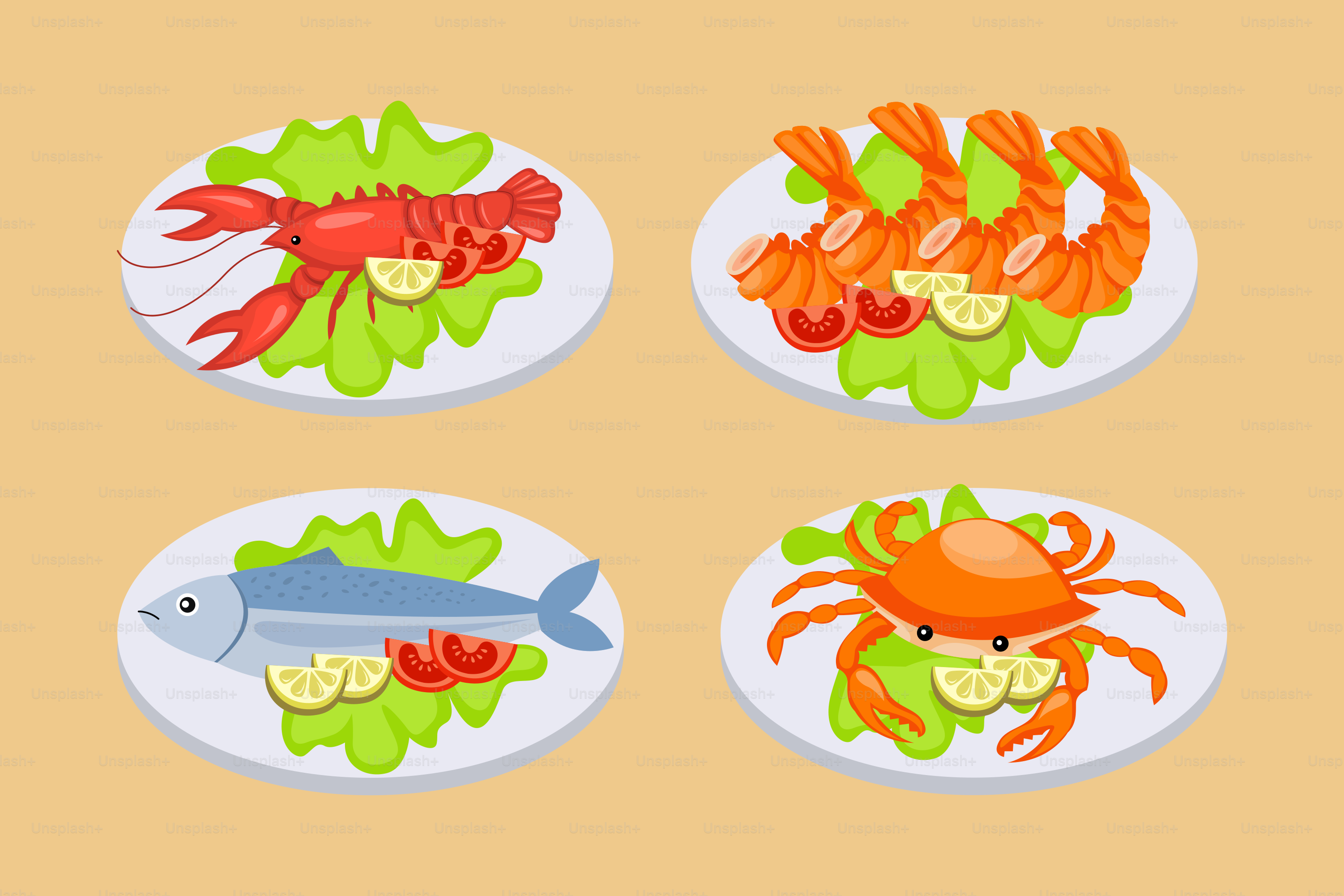 A plate of food with shrimp, lettuce, and crab on it