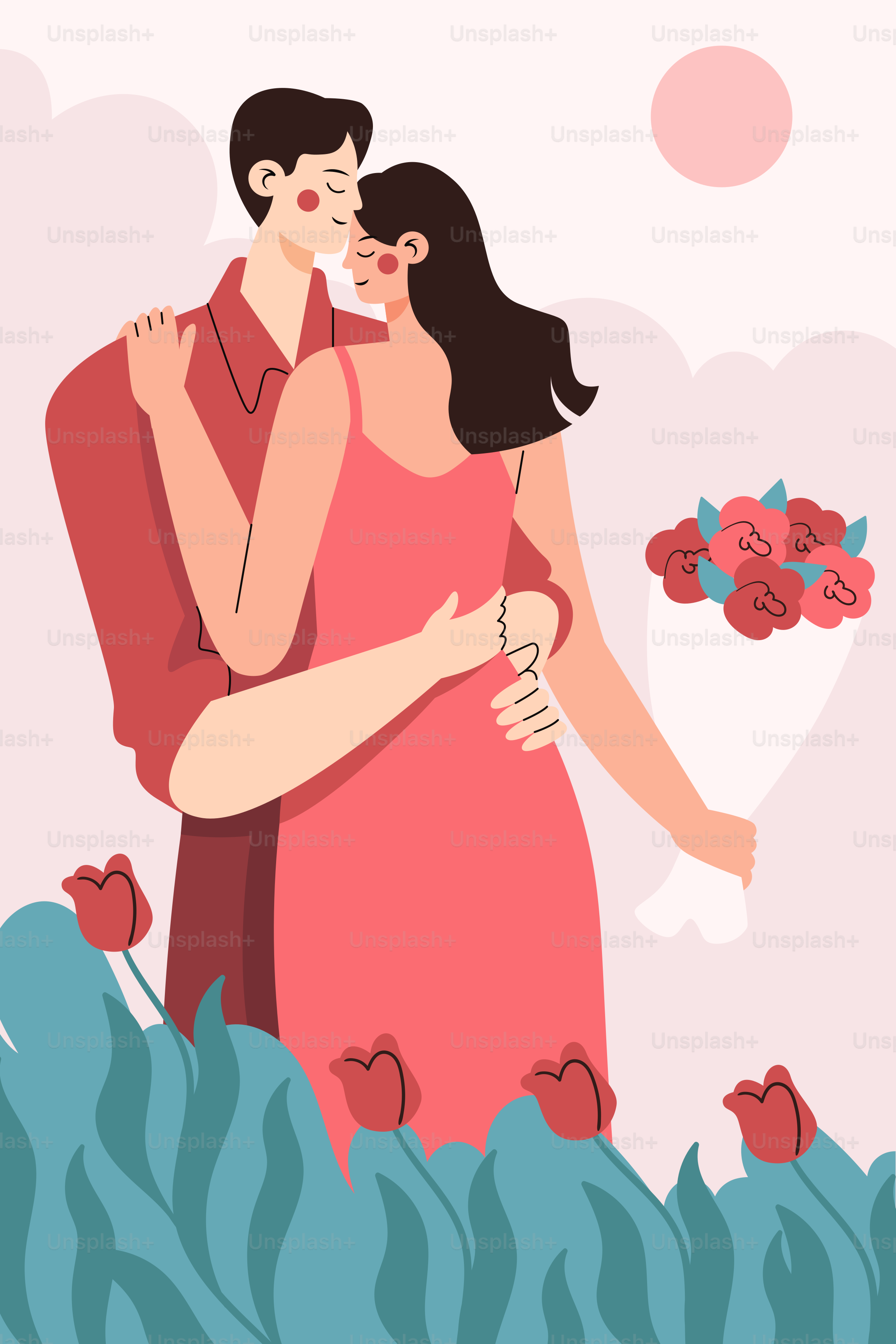 A man and a woman are kissing in front of flowers