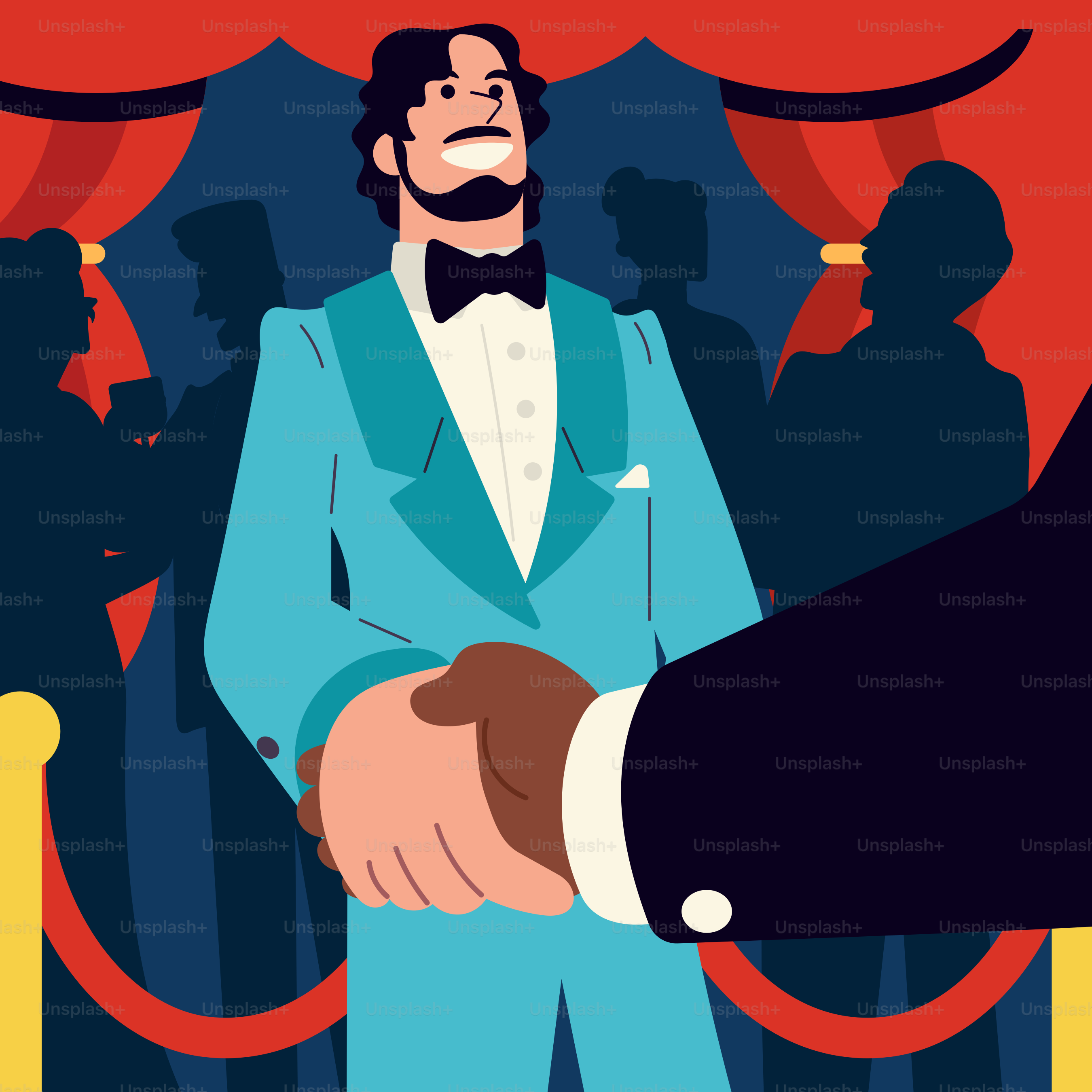 A man in a tuxedo shaking hands with a man in a suit