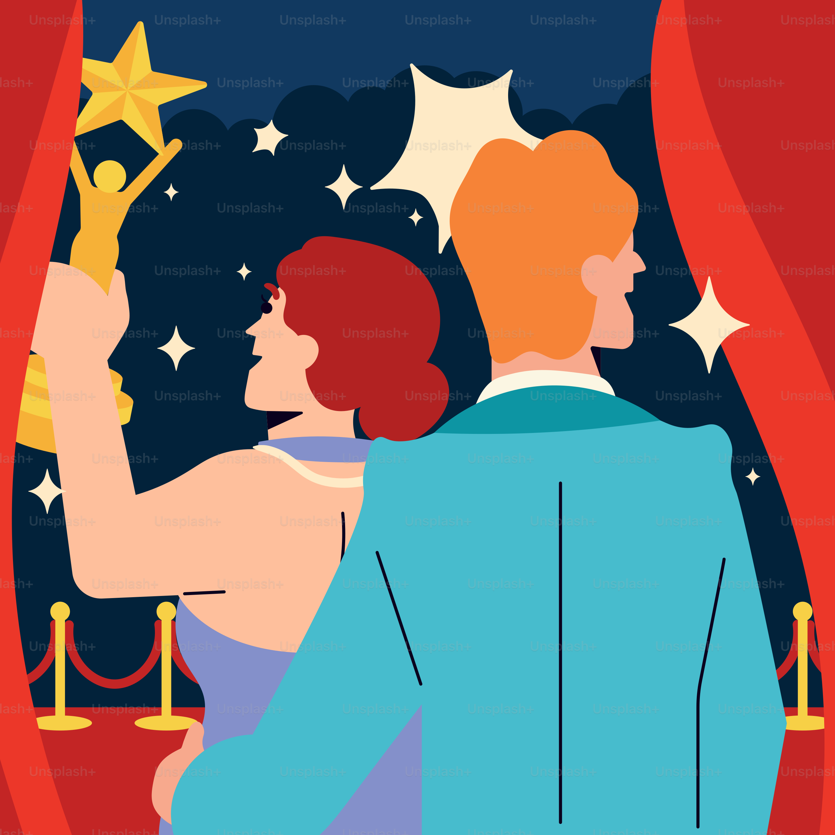 A man and a woman standing next to each other in front of a red curtain