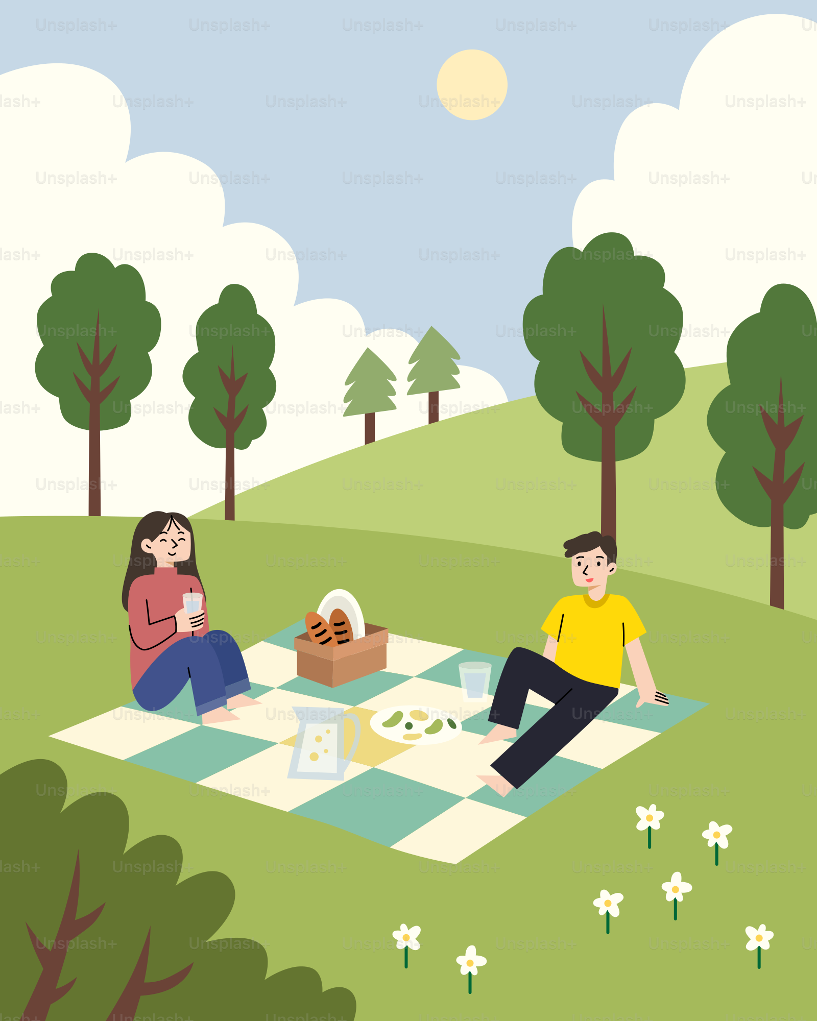 Un hombre y una mujer sentados sobre una manta en el parque